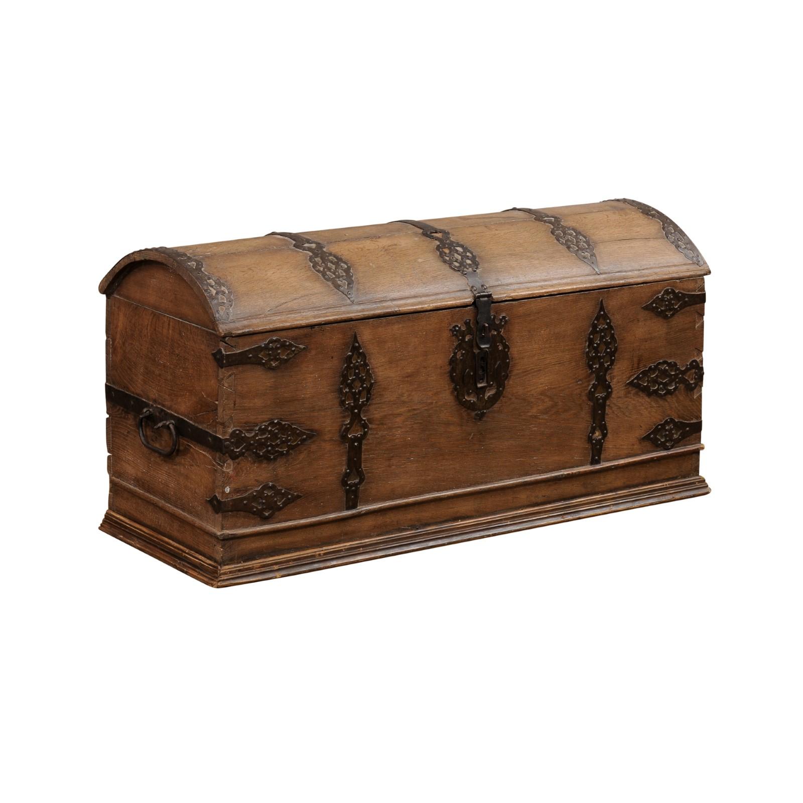 Austrian 18th Century Oak Trunk with Domed Lid and Ornate Iron Hardware 10