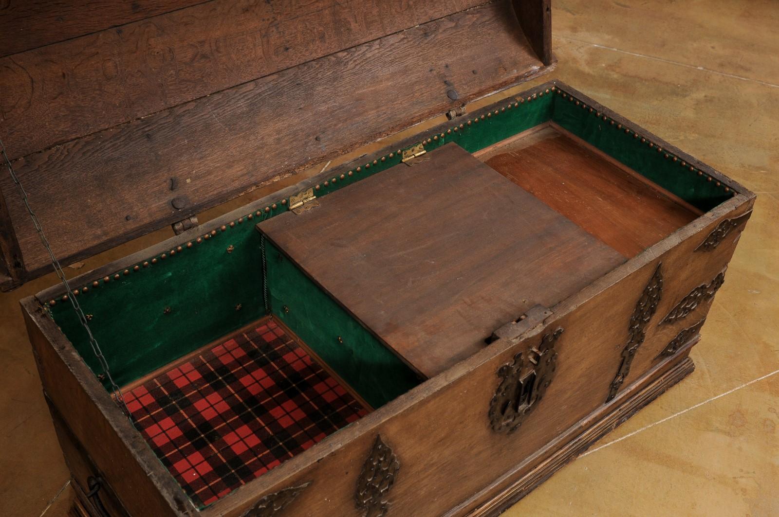 Austrian 18th Century Oak Trunk with Domed Lid and Ornate Iron Hardware In Good Condition In Atlanta, GA