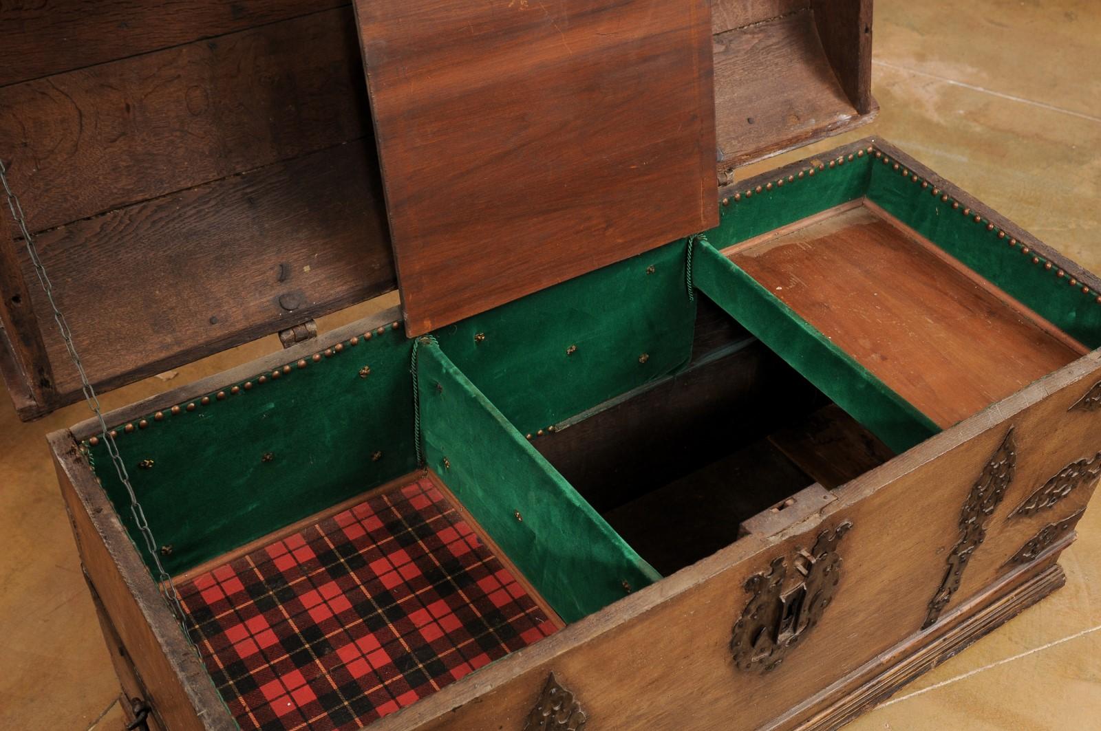 18th Century and Earlier Austrian 18th Century Oak Trunk with Domed Lid and Ornate Iron Hardware