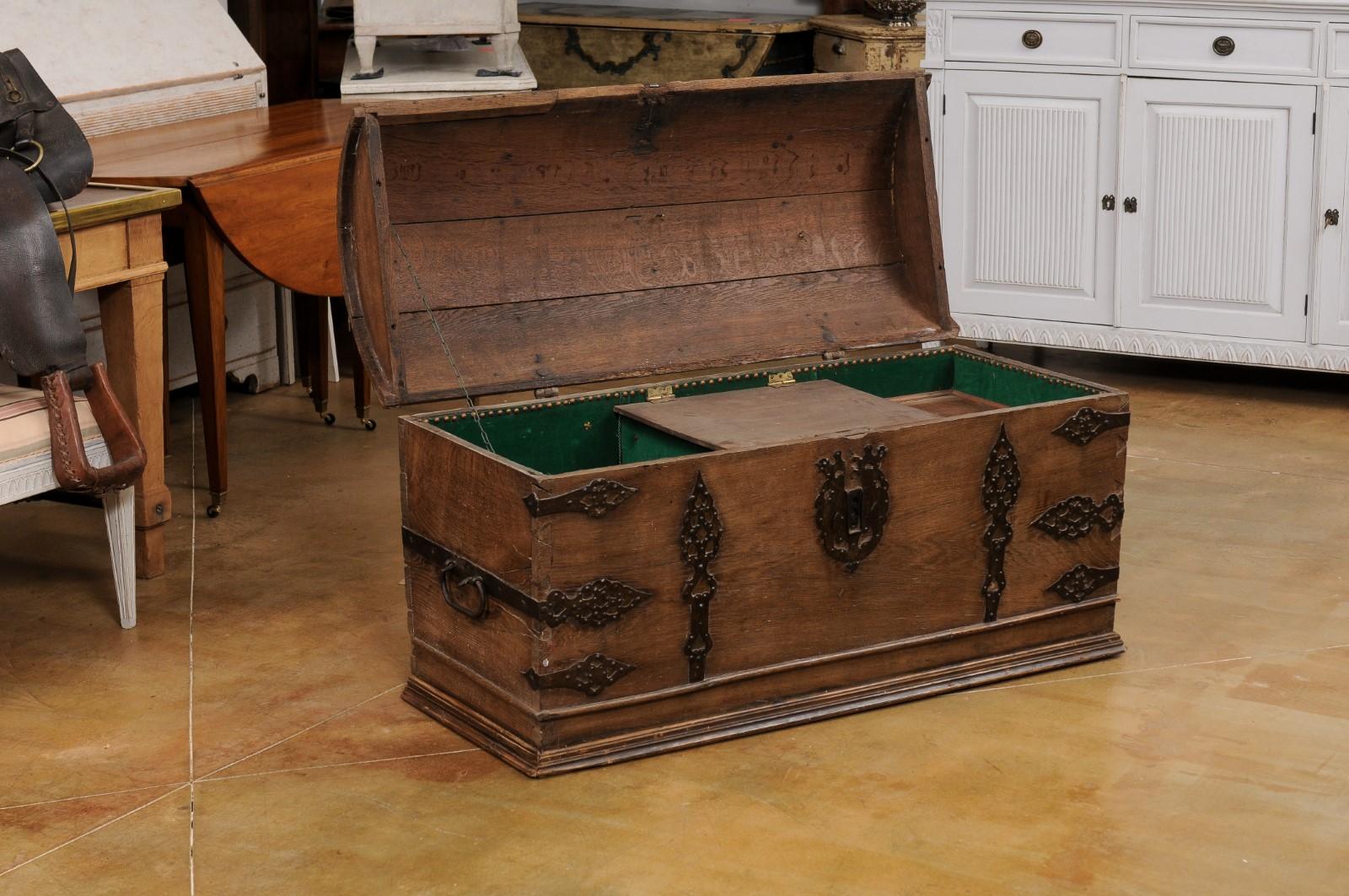 Austrian 18th Century Oak Trunk with Domed Lid and Ornate Iron Hardware 1