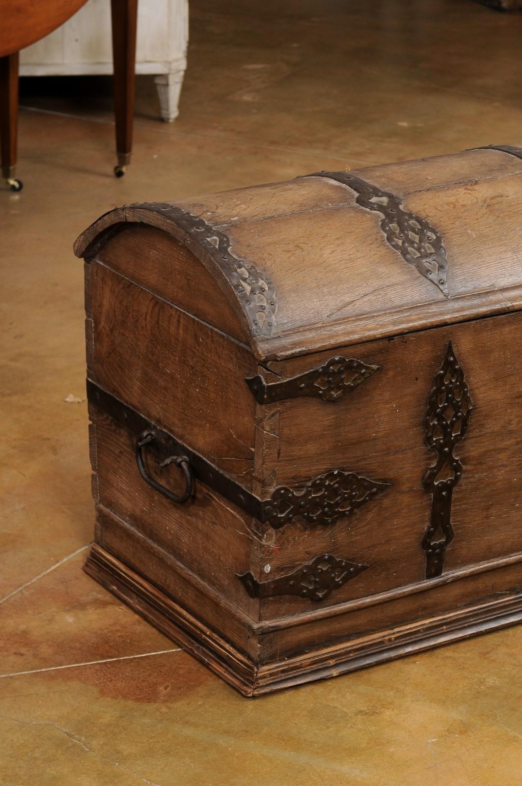 Austrian 18th Century Oak Trunk with Domed Lid and Ornate Iron Hardware 2