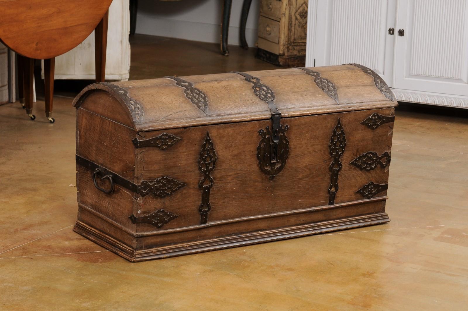 Austrian 18th Century Oak Trunk with Domed Lid and Ornate Iron Hardware 3
