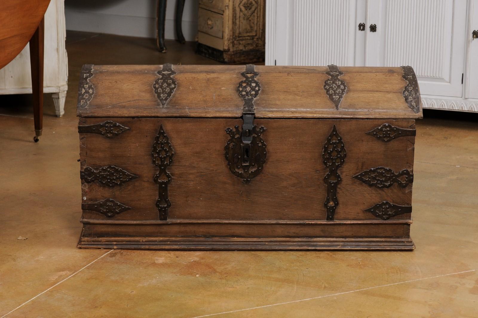 Austrian 18th Century Oak Trunk with Domed Lid and Ornate Iron Hardware 4