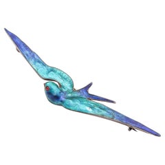 AUSTRIAN 1900 Art Nouveau Fire-Enamel Flying Pigeon in Sterling con Rubino In Scatola