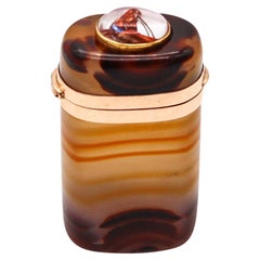 Used Austrian 1900 Vienna Agate Vesta Box In 18Kt Yellow Gold With Carved Essex Glass