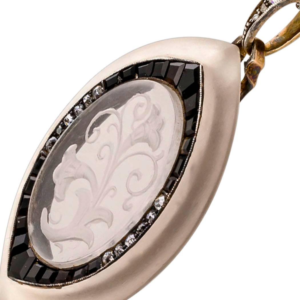 Women's or Men's Austrian 1900s Rock Crystal Diamond Onyx Silver Gold Pendant