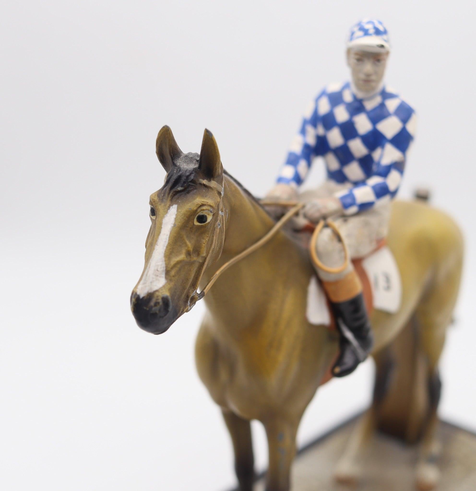 Art Deco AUSTRIAN 1910-1915 Sculptural Enameled Racehorse With Jockey Desk Touch Striker For Sale