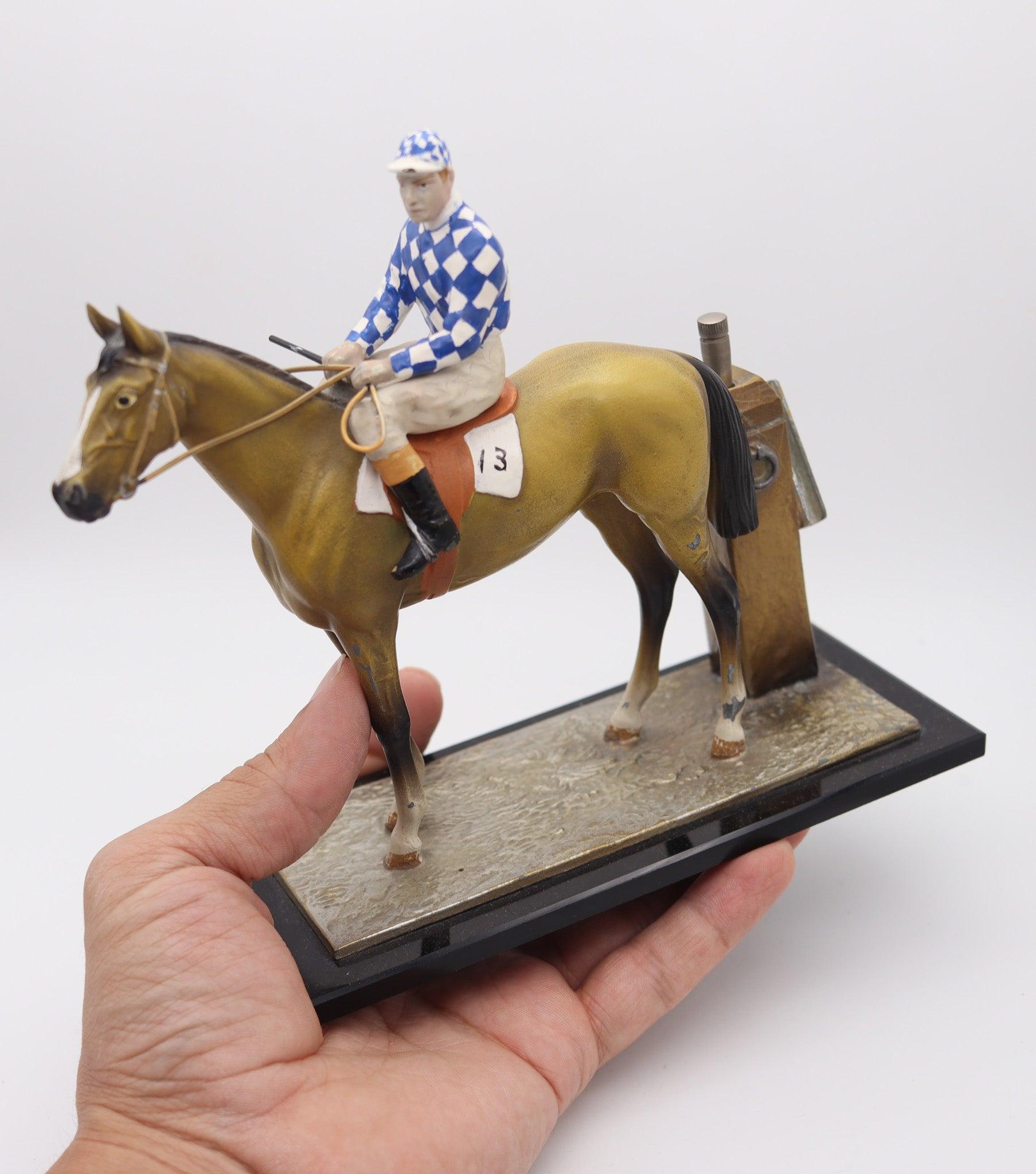 Austrian AUSTRIAN 1910-1915 Sculptural Enameled Racehorse With Jockey Desk Touch Striker For Sale