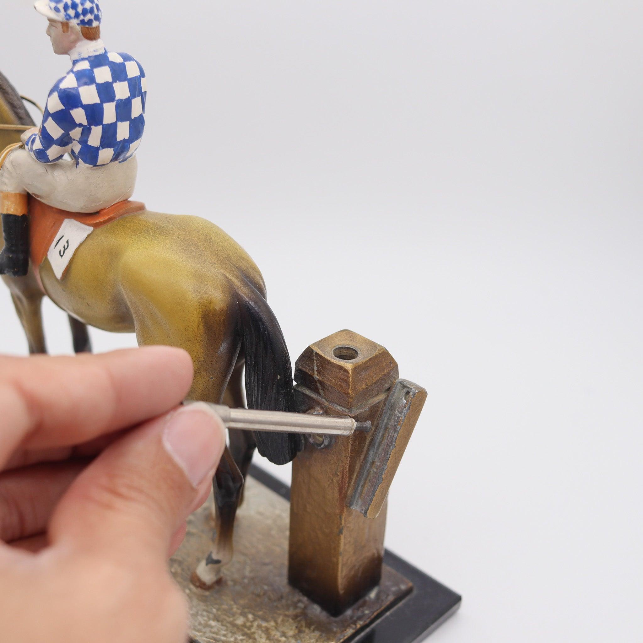 AUSTRIAN 1910-1915 Sculptural Enameled Racehorse With Jockey Desk Touch Striker For Sale 2
