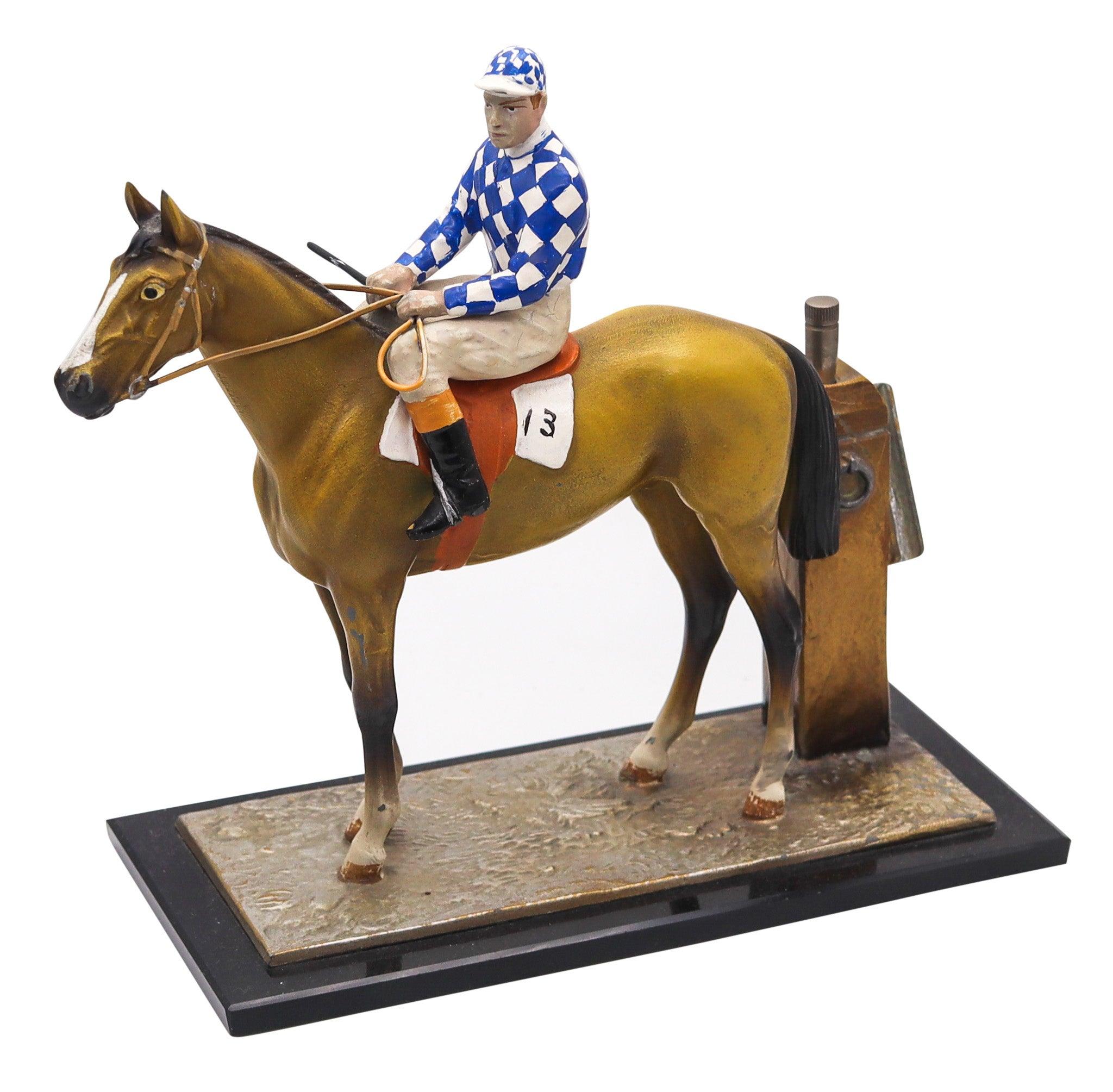 AUSTRIAN 1910-1915 Sculptural Enameled Racehorse With Jockey Desk Touch Striker