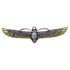 Retro Austrian 1915 Art Nouveau Egyptian Revival Plique à Jour Winged Scarab Brooch