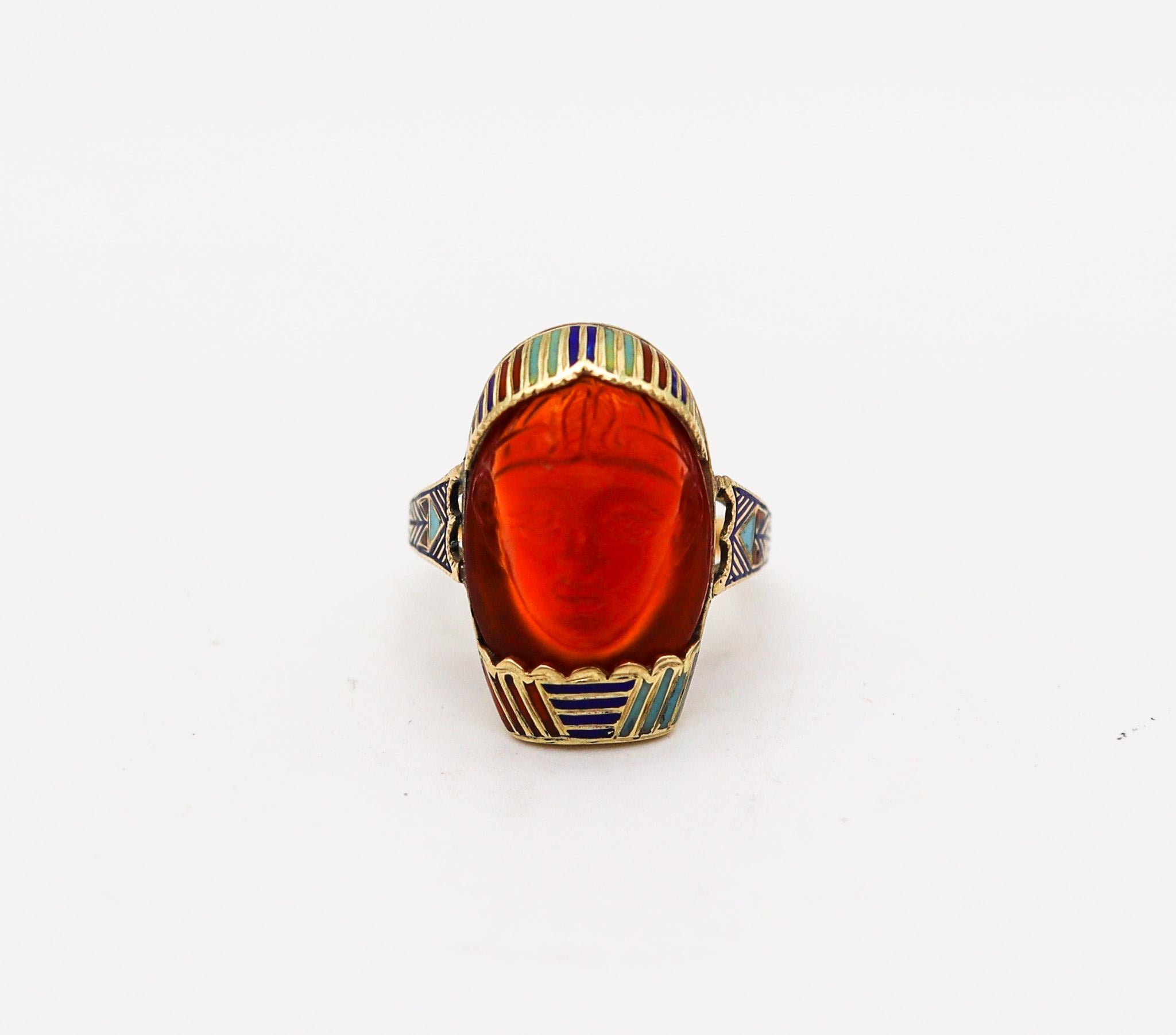 Art Deco Austrian 1915 Deco Egyptian Revival Pharaoh Enamel Ring In 14Kt Gold Carnelian