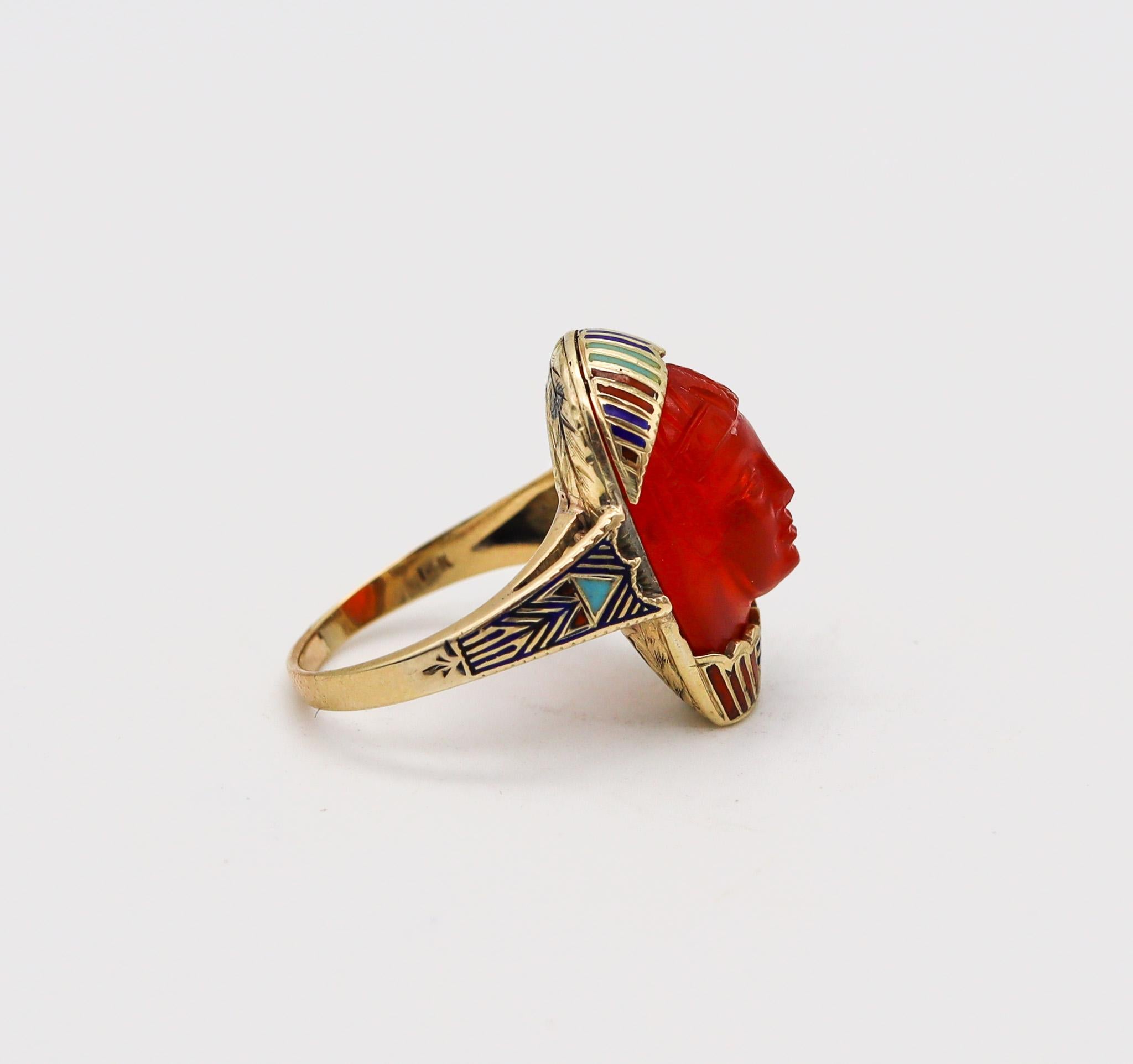 Mixed Cut Austrian 1915 Deco Egyptian Revival Pharaoh Enamel Ring In 14Kt Gold Carnelian