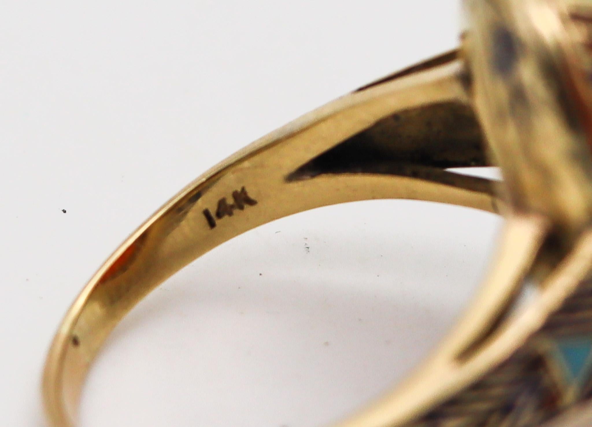 Austrian 1915 Deco Egyptian Revival Pharaoh Enamel Ring In 14Kt Gold Carnelian In Excellent Condition In Miami, FL