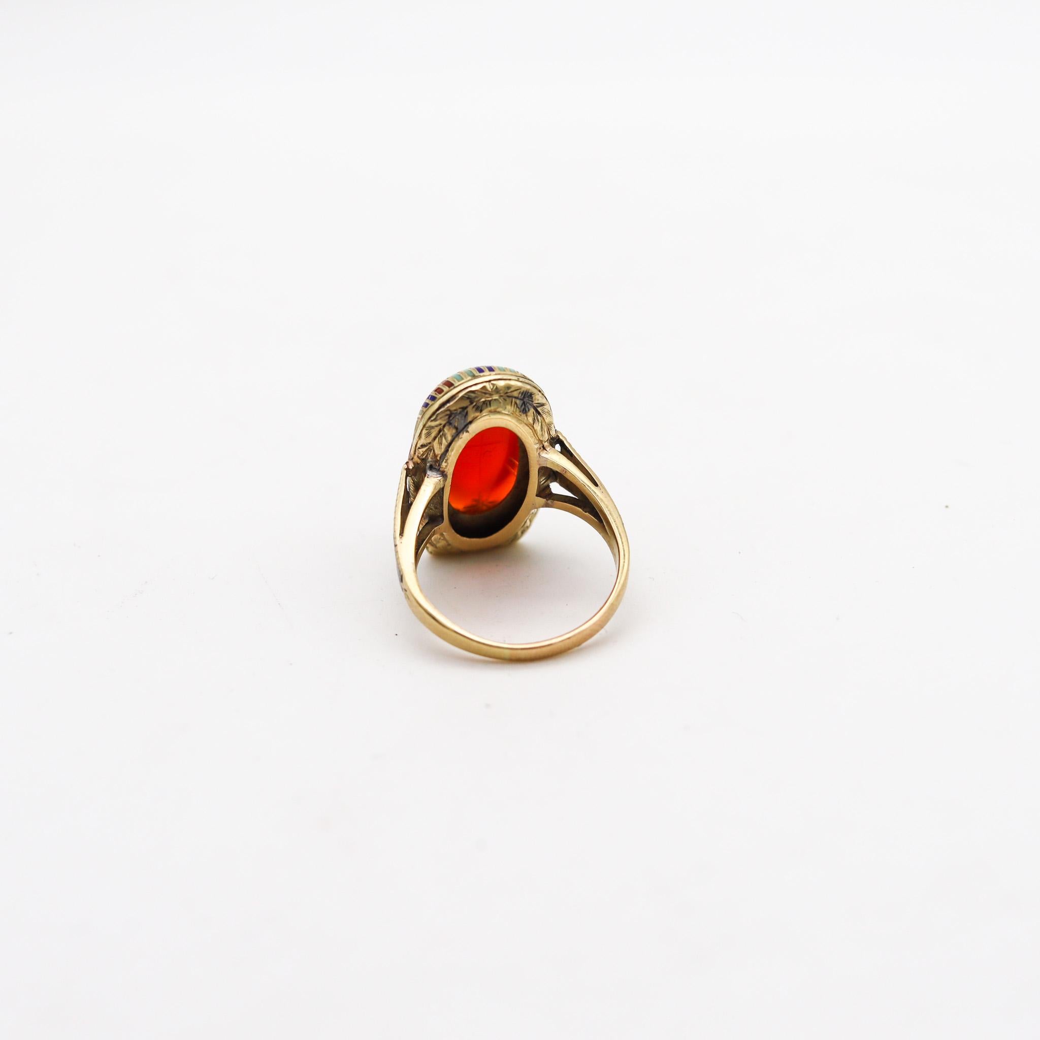 Women's Austrian 1915 Deco Egyptian Revival Pharaoh Enamel Ring In 14Kt Gold Carnelian