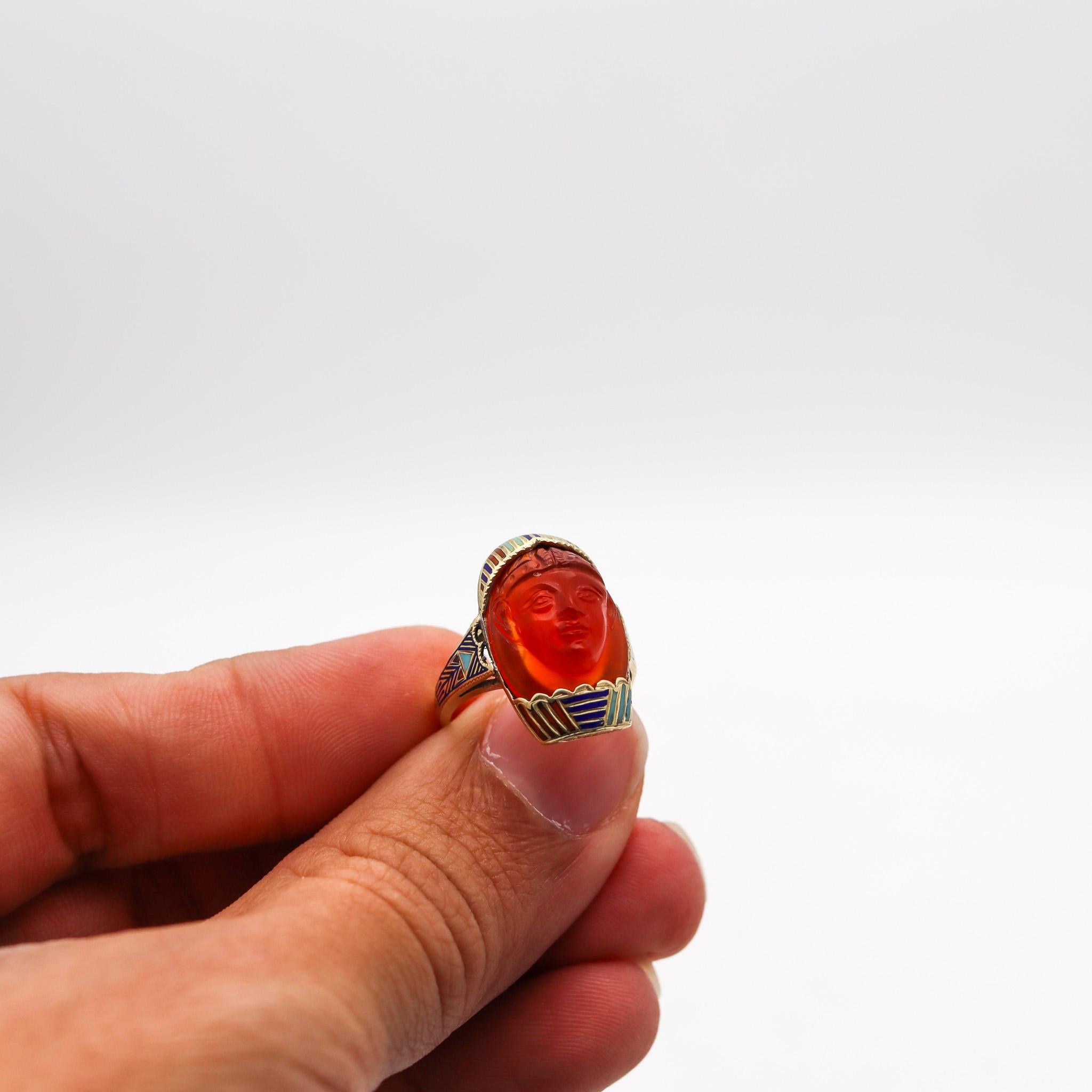 Austrian 1915 Deco Egyptian Revival Pharaoh Enamel Ring In 14Kt Gold Carnelian 1