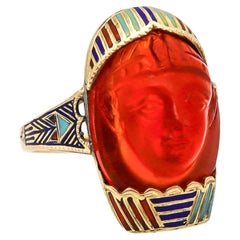 Austrian 1915 Deco Egyptian Revival Pharaoh Enamel Ring In 14Kt Gold Carnelian