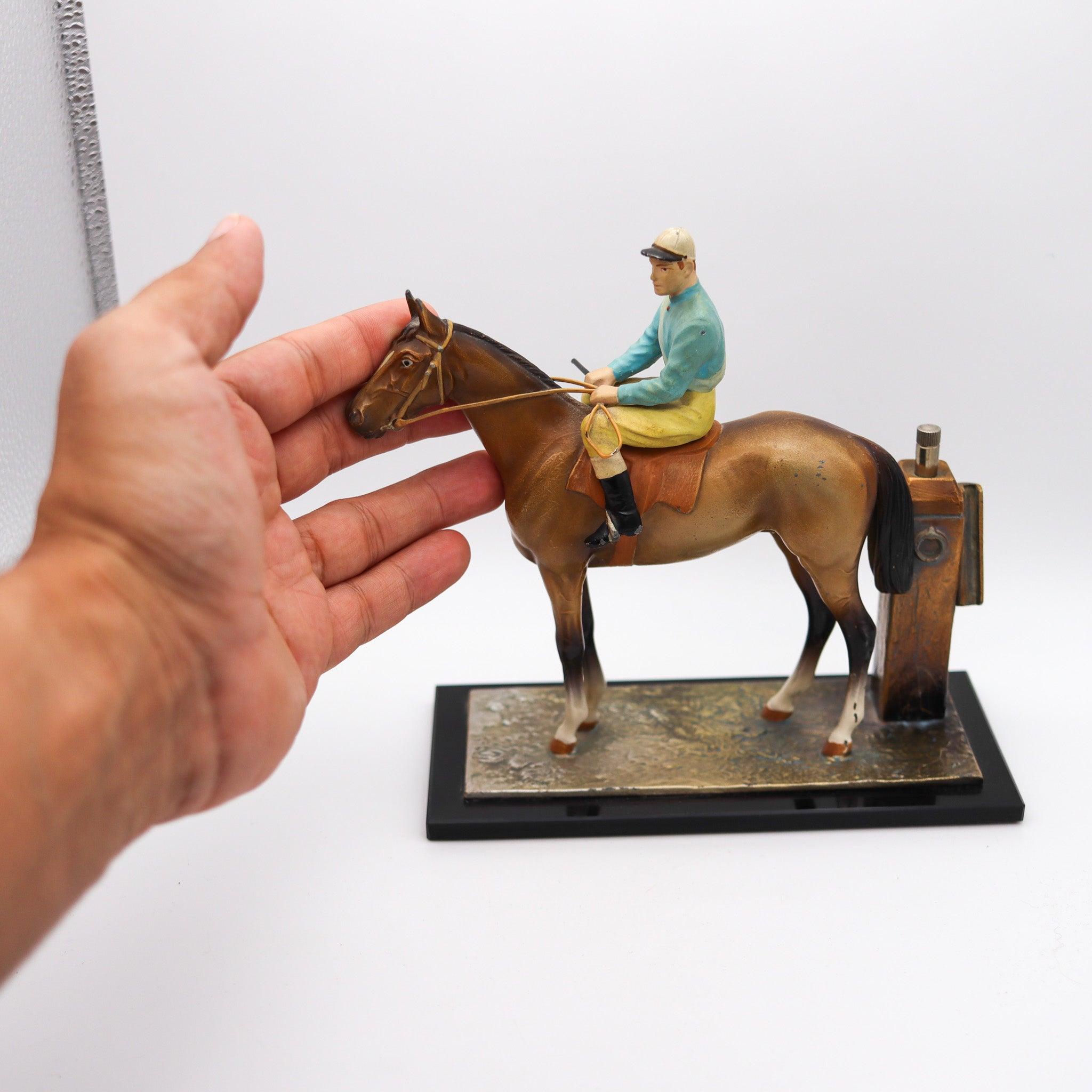 AUSTRIAN 1915 Sculptural Enameled Racehorse With Jockey Table-Desk Striker For Sale 4