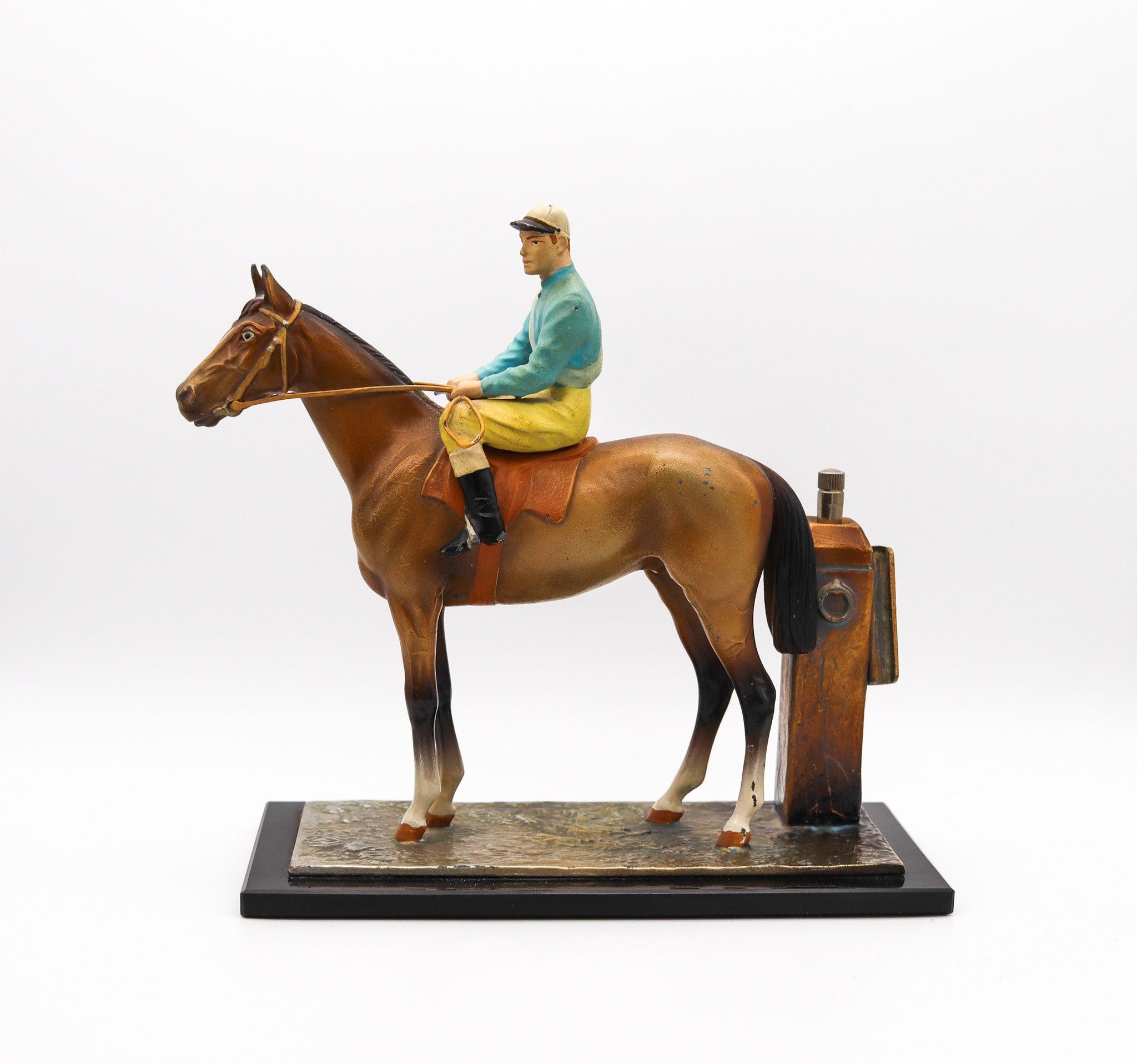 Austrian desk striker of a race horse with a jockey.

Fabulous art deco desk smoker's striker, created in Vienna Austria, back in the 1915. The sculptural desk match striker has been designed in the shape of a racehorse with a jockey. All mounted on