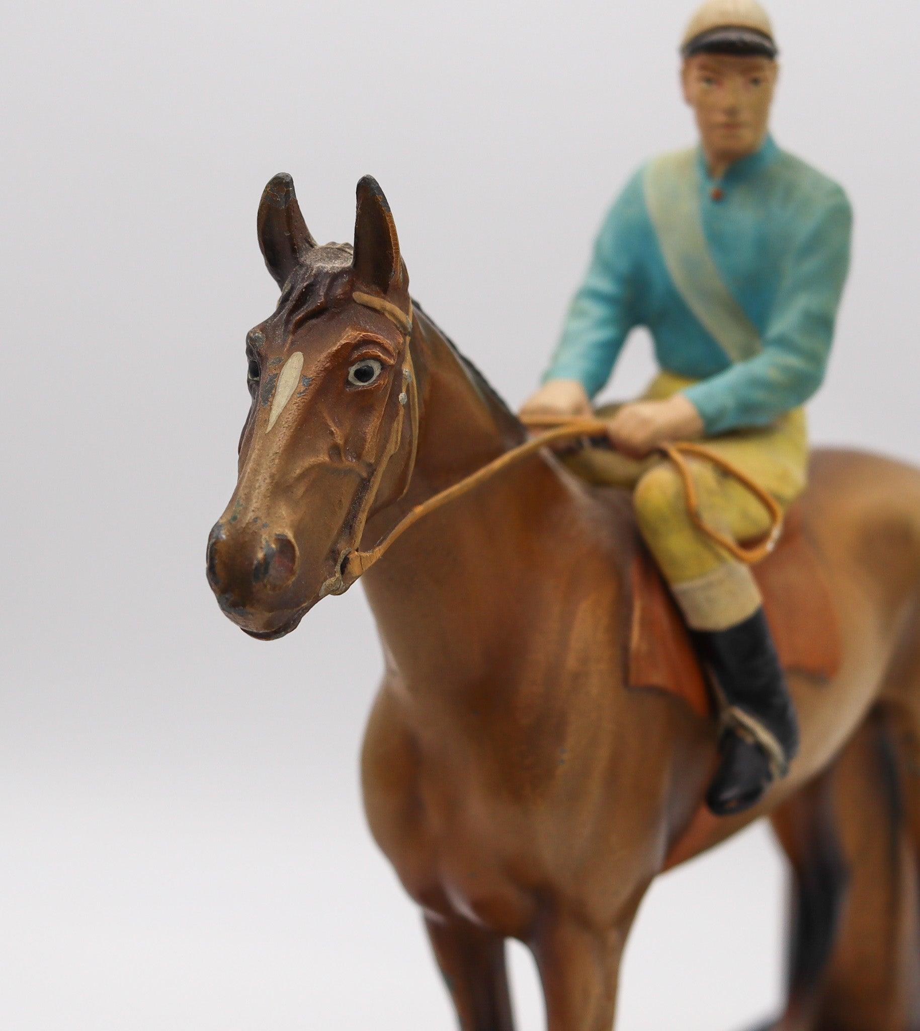 Art Deco AUSTRIAN 1915 Sculptural Enameled Racehorse With Jockey Table-Desk Striker For Sale
