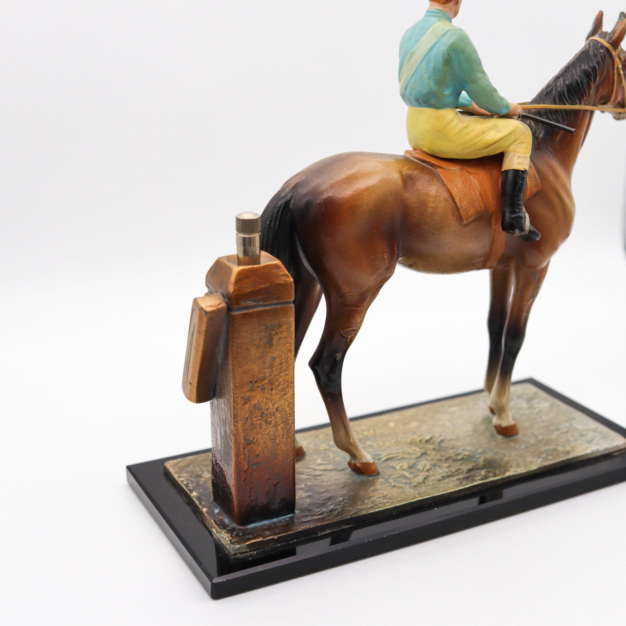 Austrian AUSTRIAN 1915 Sculptural Enameled Racehorse With Jockey Table-Desk Striker For Sale