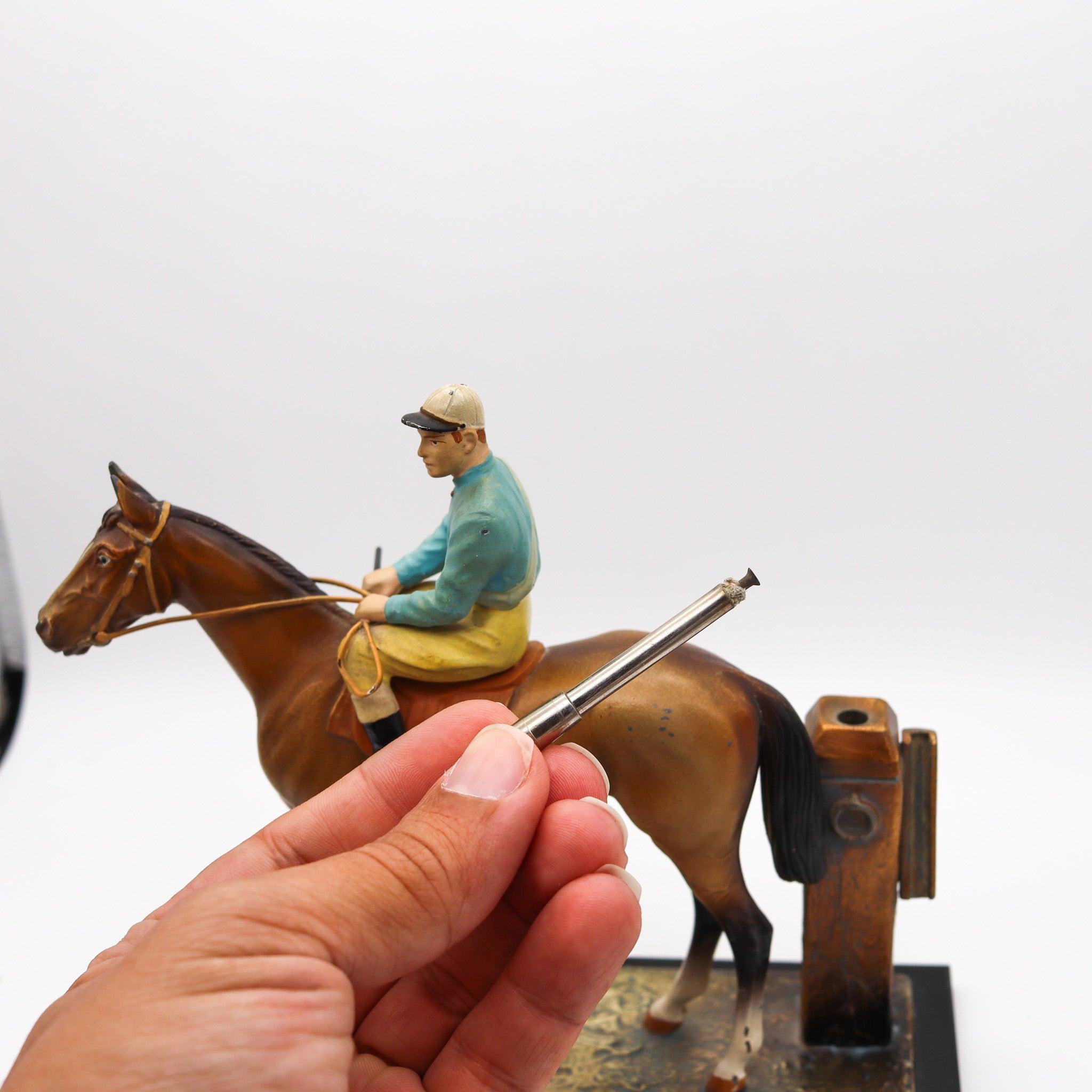Early 20th Century AUSTRIAN 1915 Sculptural Enameled Racehorse With Jockey Table-Desk Striker For Sale