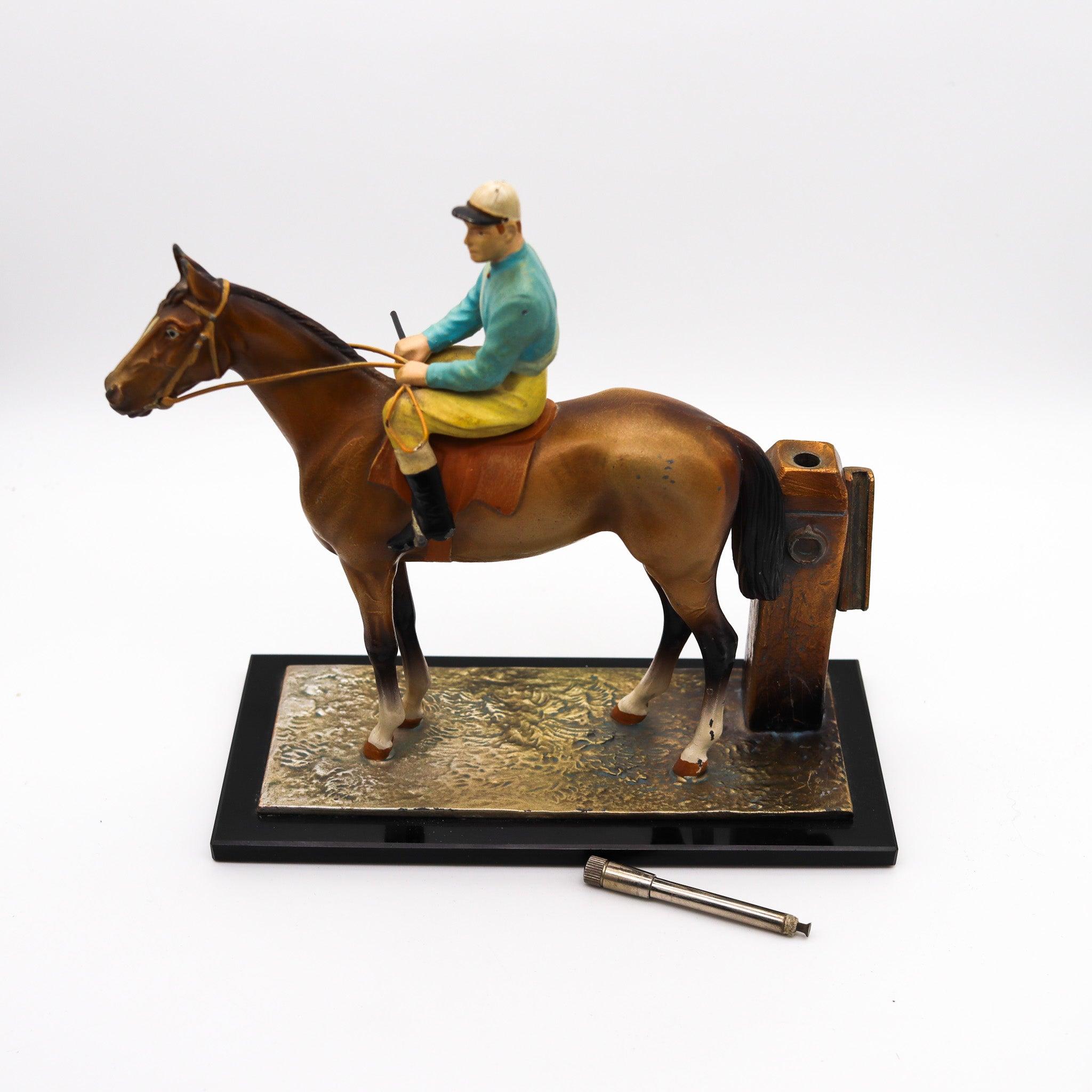 AUSTRIAN 1915 Sculptural Enameled Racehorse With Jockey Table-Desk Striker For Sale 1