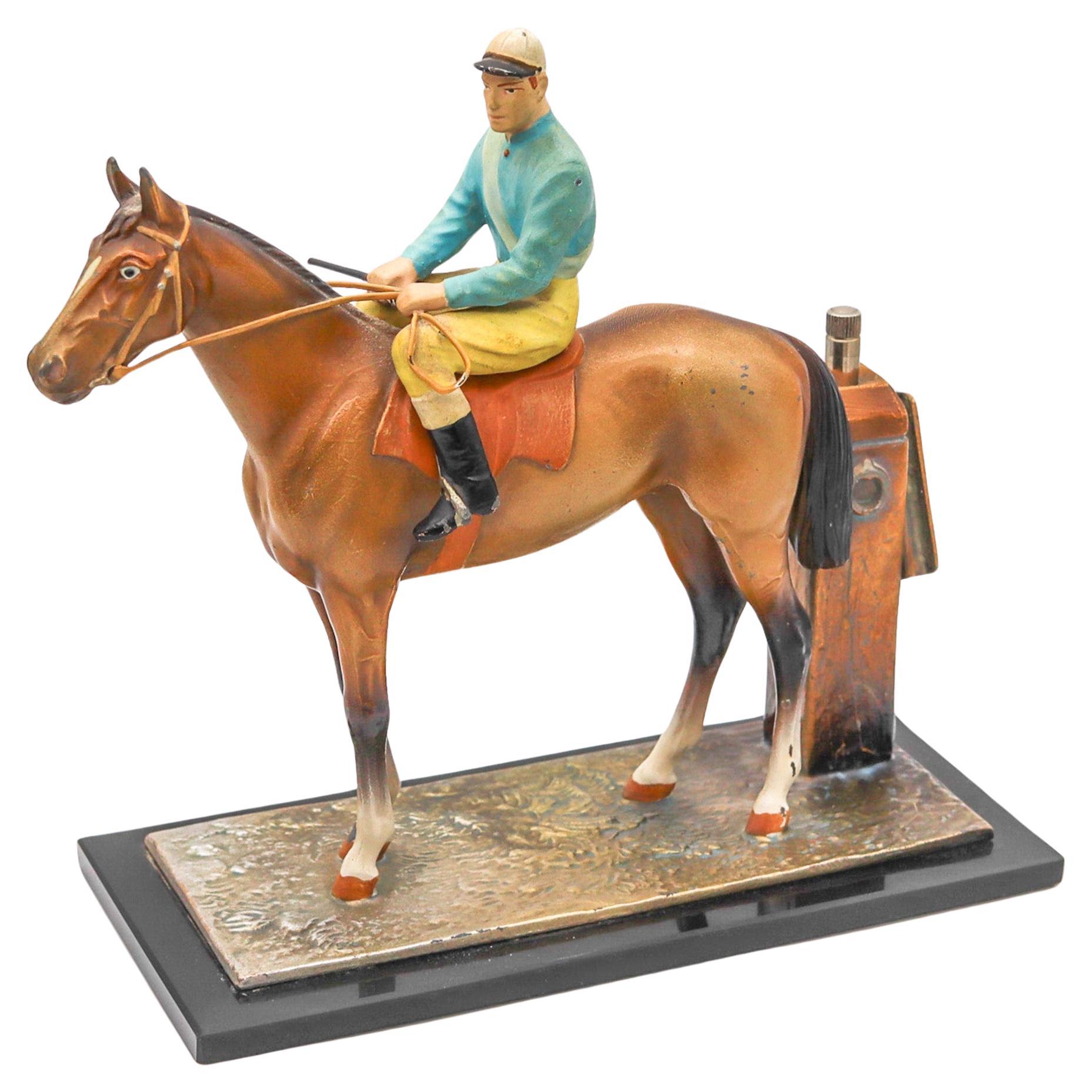 AUSTRIAN 1915 Sculptural Enameled Racehorse With Jockey Table-Desk Striker For Sale