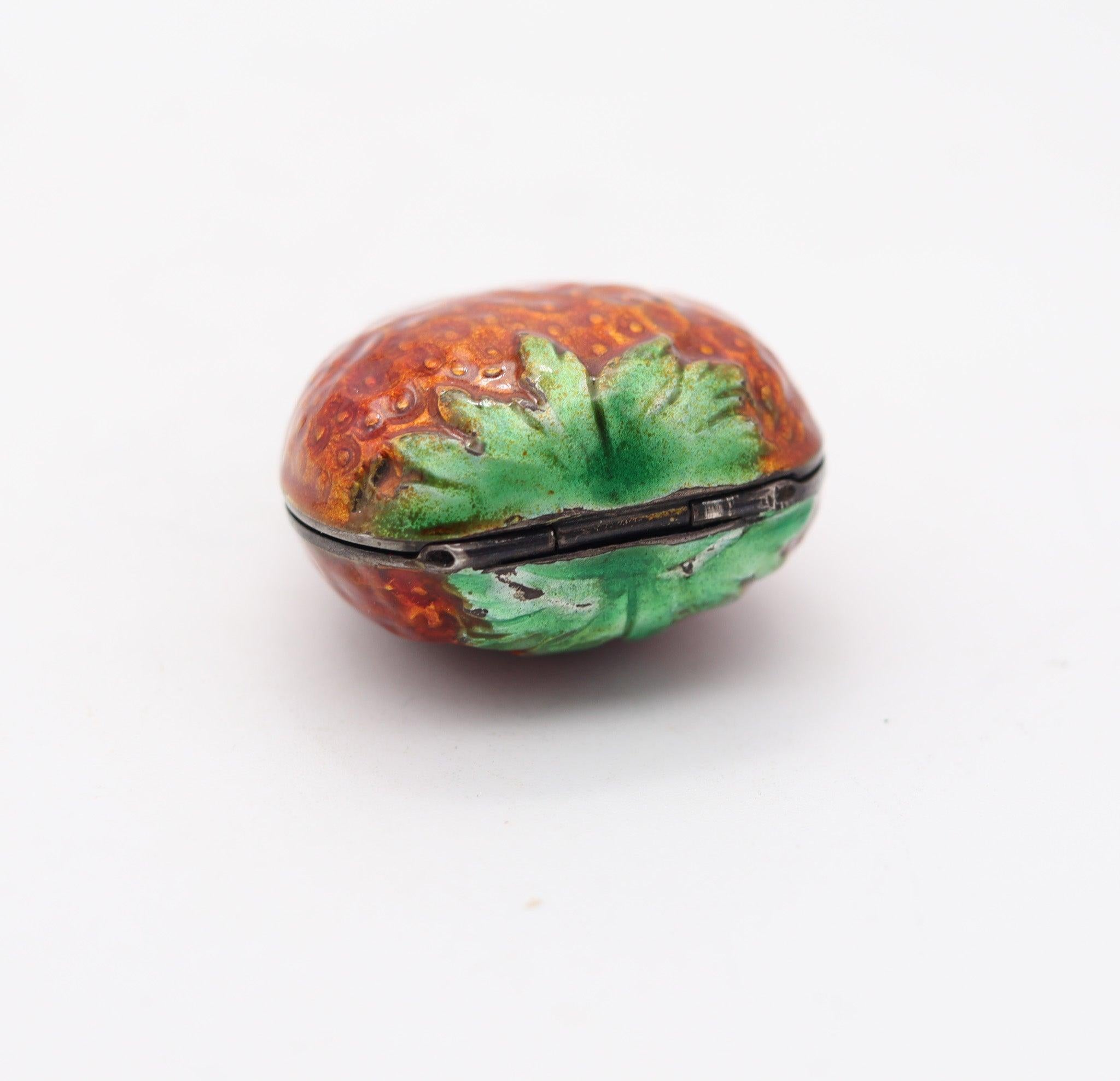 Art Nouveau AUSTRIAN 1915 Strawberry Shaped Enameled Pill Box In .900 Sterling Silver For Sale