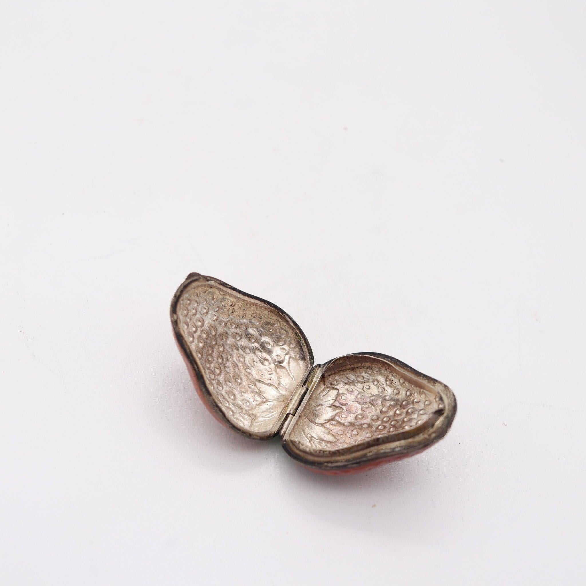 Austrian AUSTRIAN 1915 Strawberry Shaped Enameled Pill Box In .900 Sterling Silver For Sale
