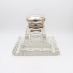 AUSTRIAN 1920 Art-Deco Desk Inkwell In Cut Polished Glass And .800 Sterling