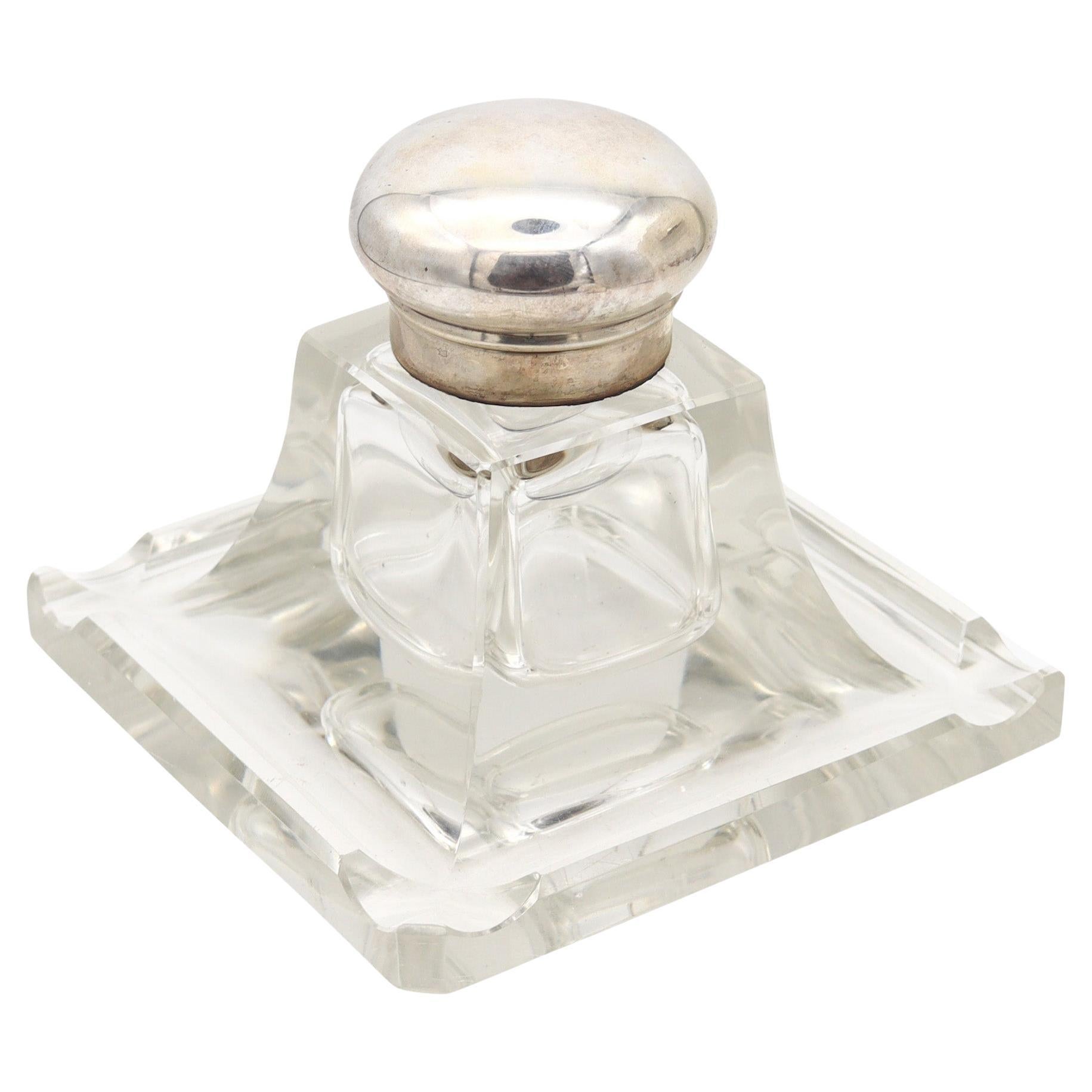 Calamaio da scrivania AUSTRIAN 1920 Art-Deco in vetro tagliato e lucidato .800 Sterling