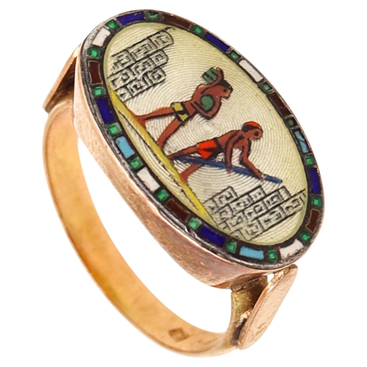 Austrian 1920 Deco Egyptian Revival Ring 14Kt Yellow Gold With Guilloche Enamel For Sale