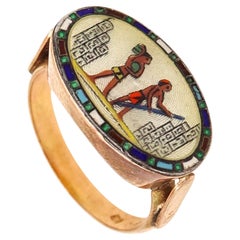 Antique Austrian 1920 Deco Egyptian Revival Ring 14Kt Yellow Gold With Guilloche Enamel