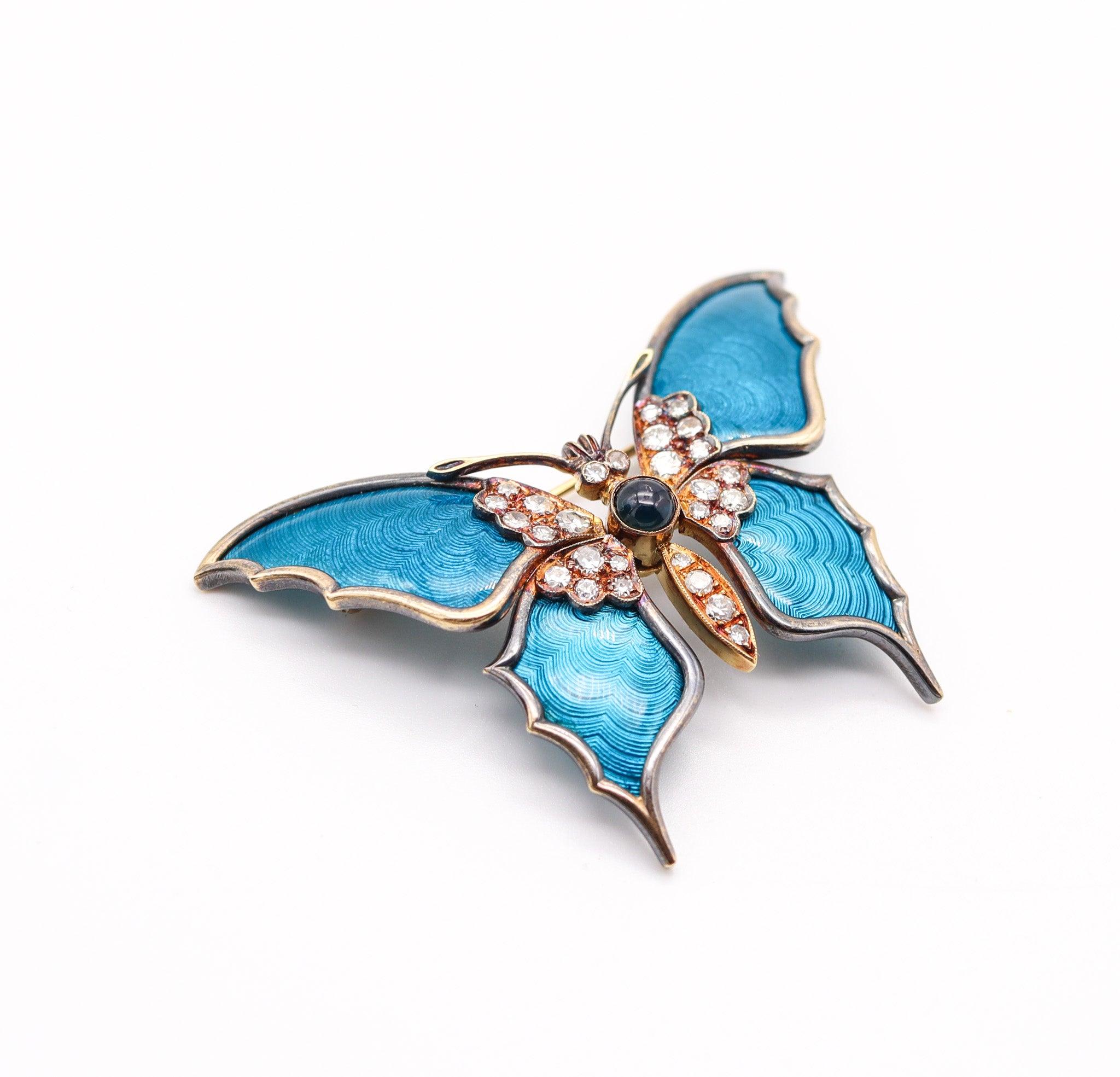 Art Nouveau AUSTRIAN 1930 Guilloche Enamel Butterfly Brooch 18Kt Gold, Sapphire & Diamonds For Sale