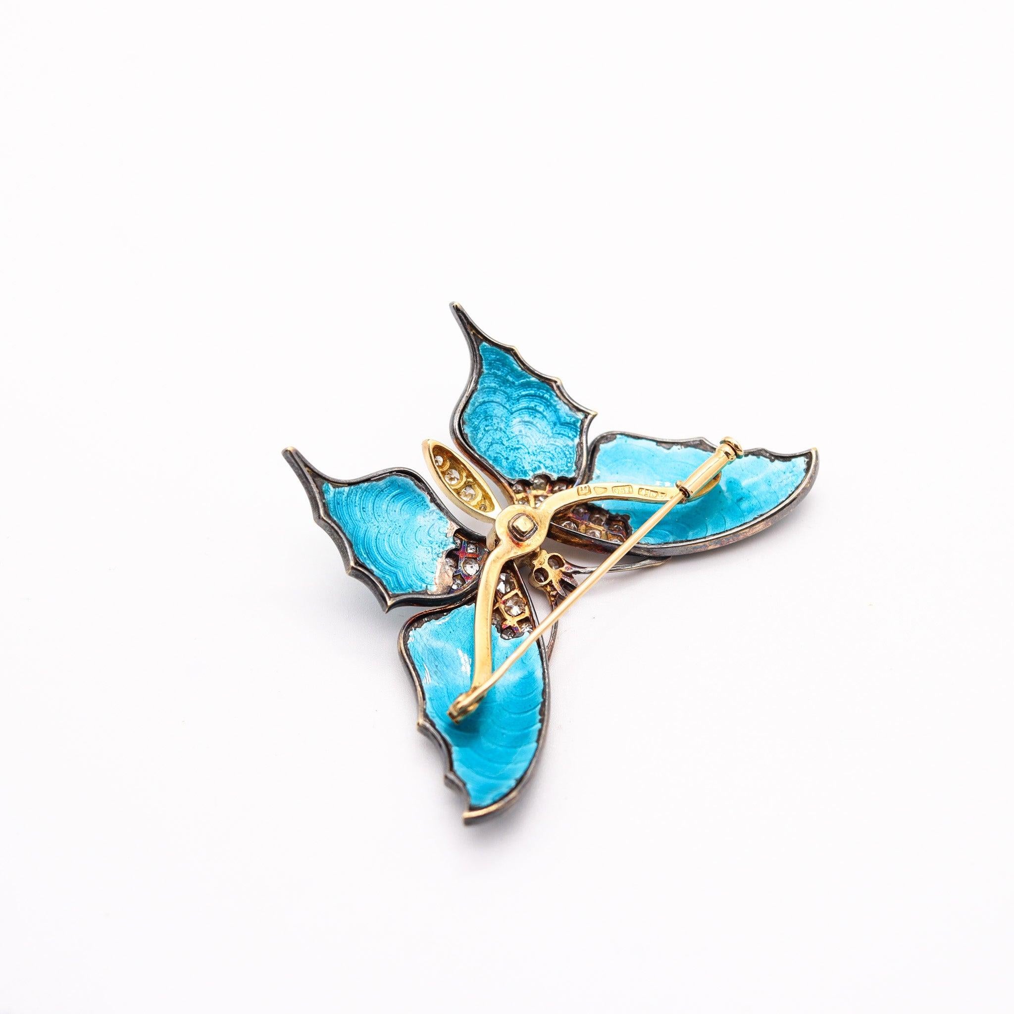 Cabochon AUSTRIAN 1930 Guilloche Enamel Butterfly Brooch 18Kt Gold, Sapphire & Diamonds For Sale