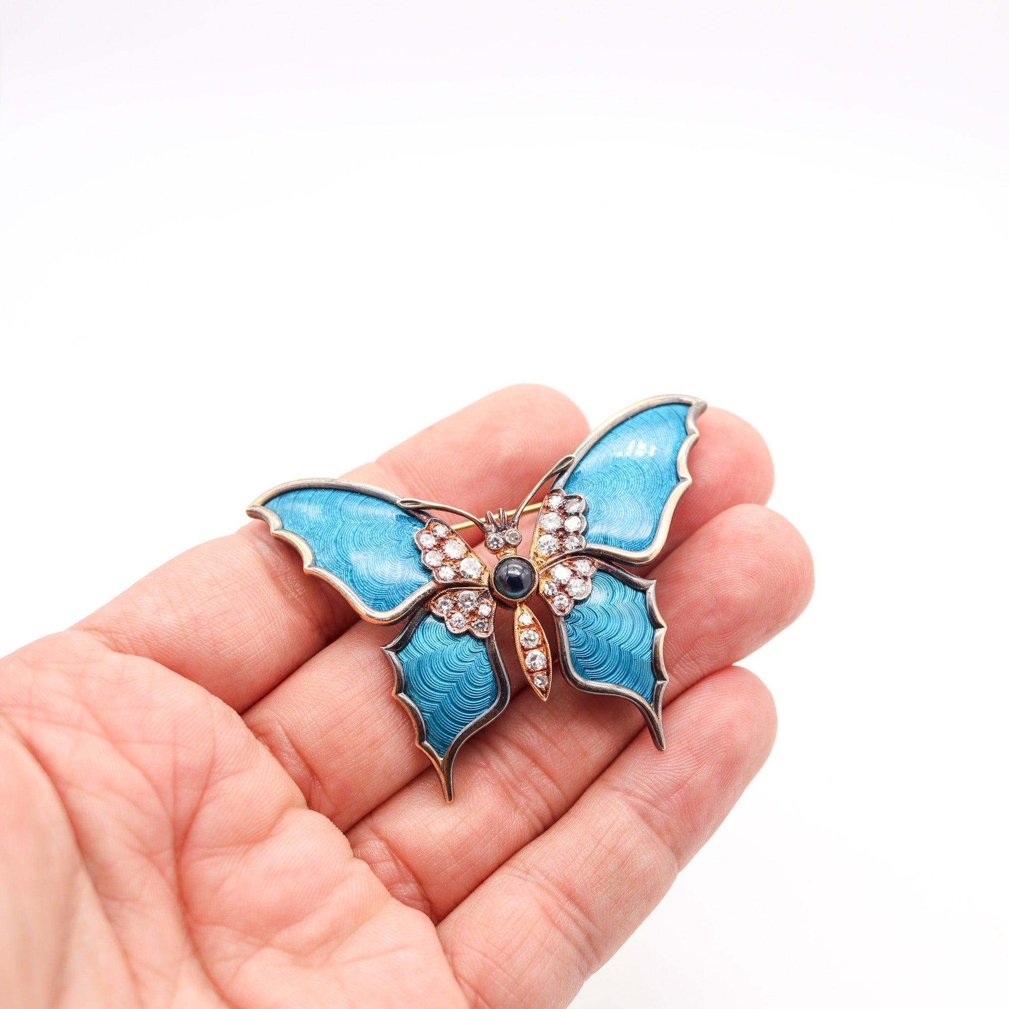 Women's AUSTRIAN 1930 Guilloche Enamel Butterfly Brooch 18Kt Gold, Sapphire & Diamonds For Sale