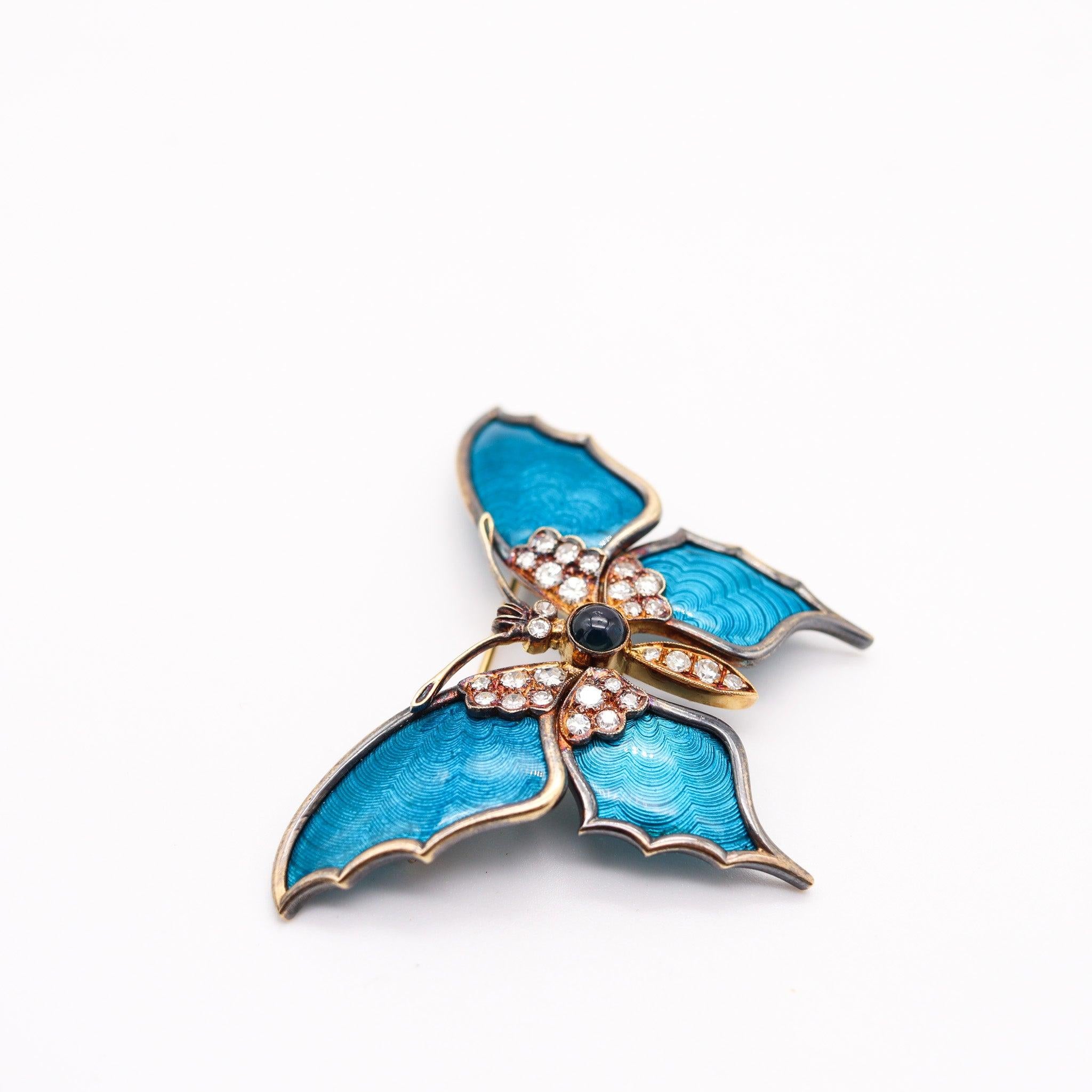 AUSTRIAN 1930 Guilloche Enamel Butterfly Brooch 18Kt Gold, Sapphire & Diamonds For Sale 1