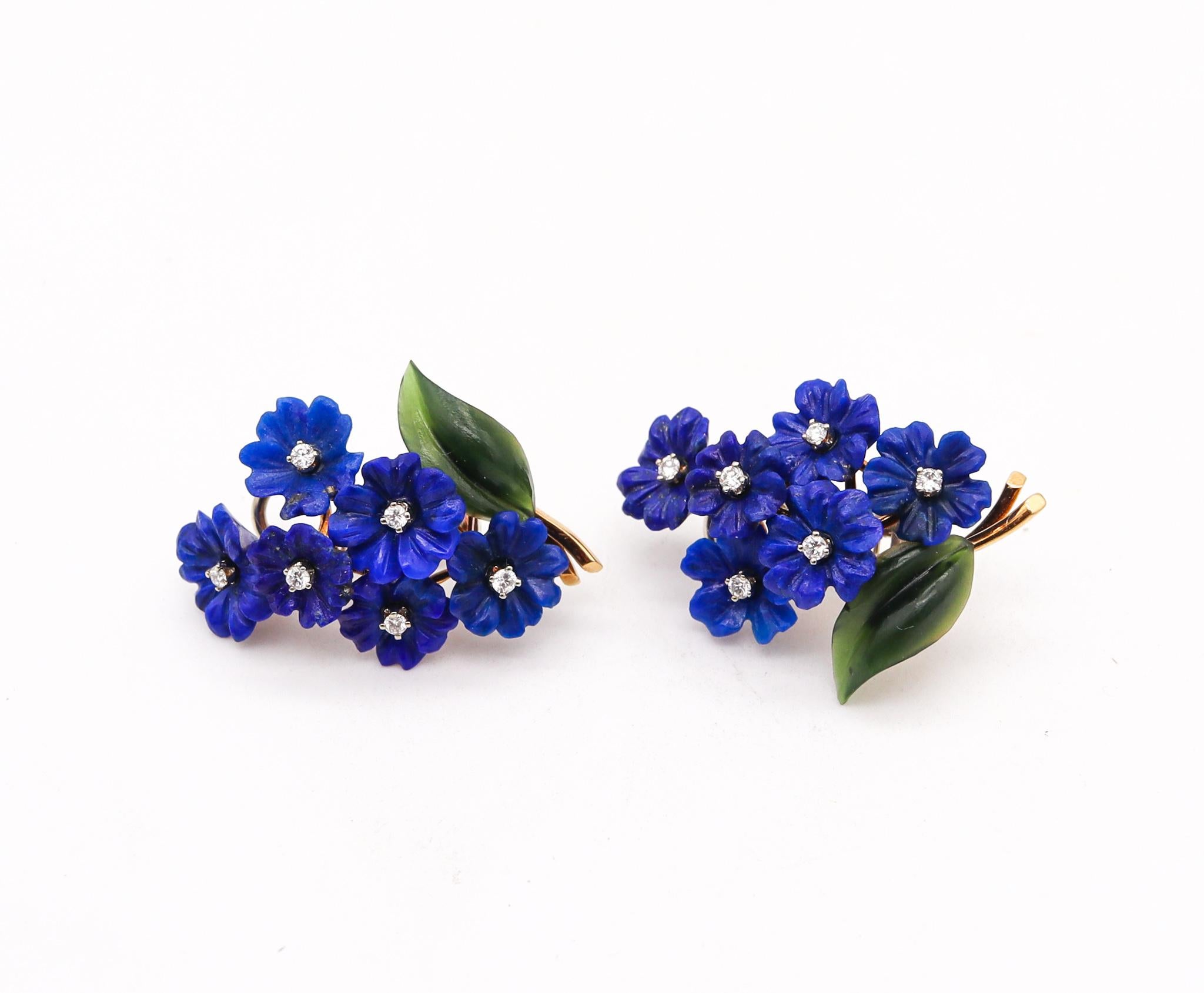 Austrian colorful floral bouquet earrings created by Johann Hoburka

Carved gemstones flowers have been a high specialty in Austria and Germany for many years. These beautiful colorful pair of organic earrings has been made at the atelier of Johann
