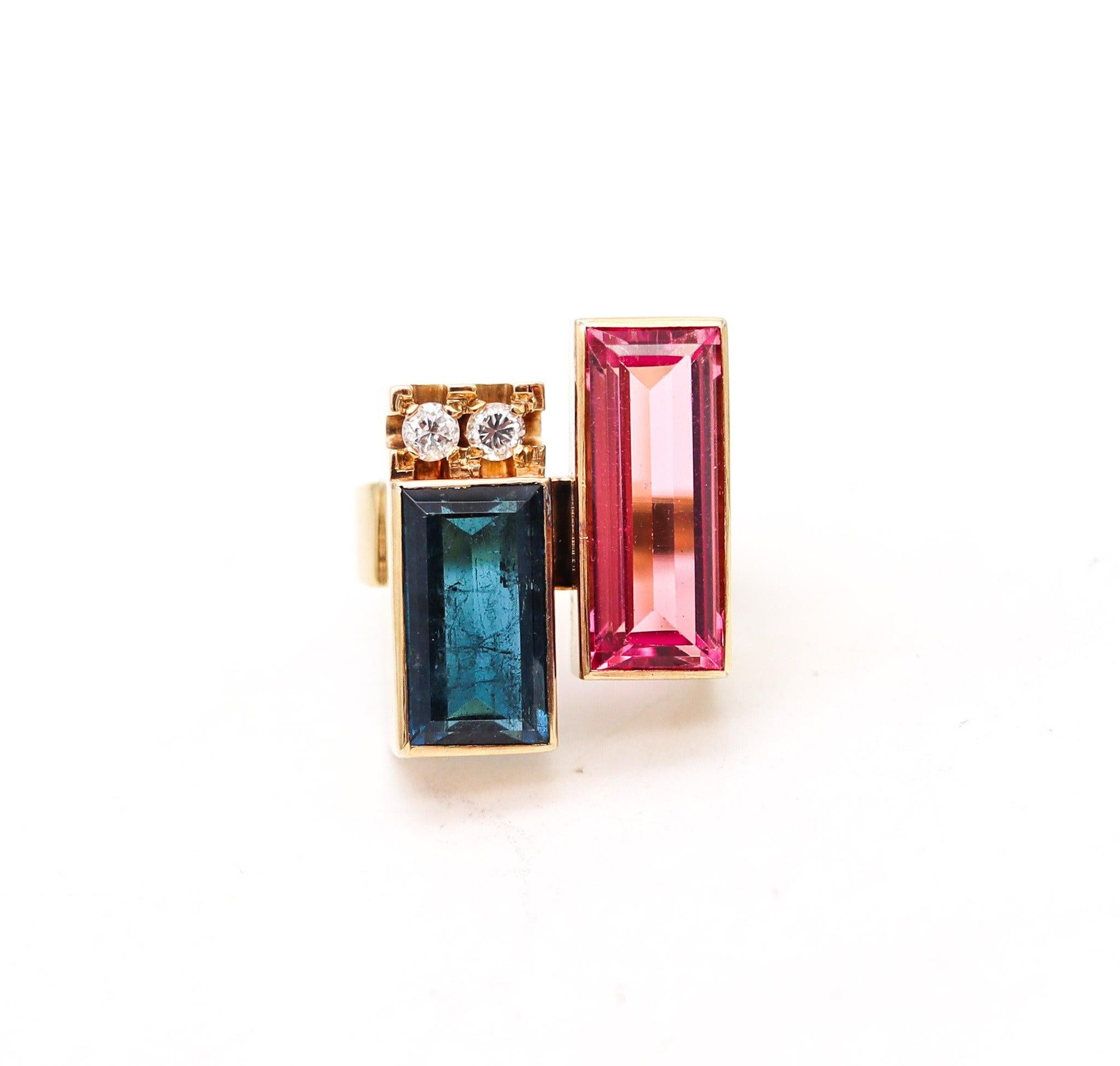 Emerald Cut AUSTRIAN 1970 Modernist Geometric Ring In 14Kt Gold With Pink & Blue Tourmalines For Sale