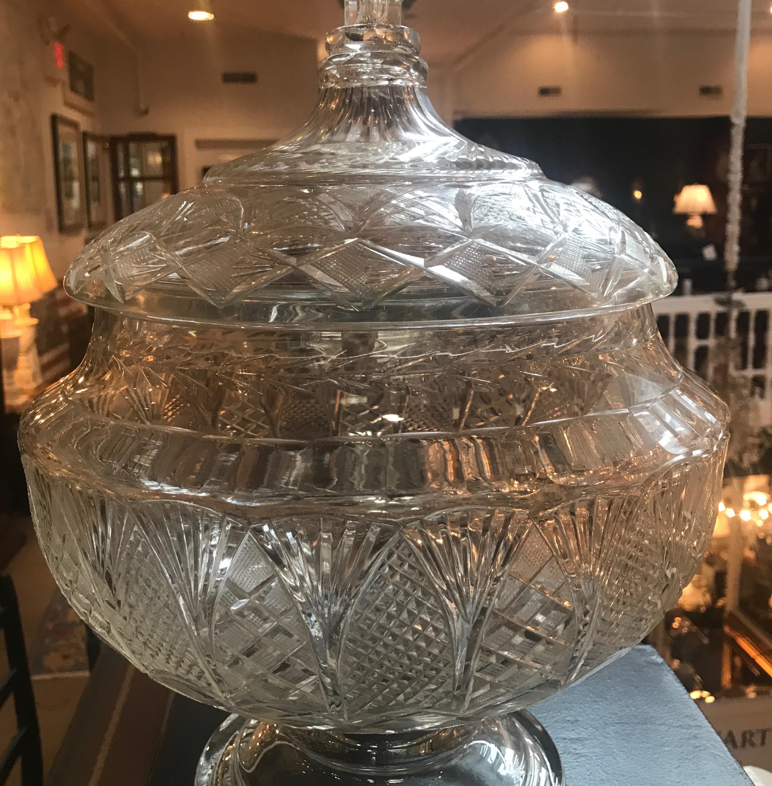 Austrian 19th Century Cut Glass Punch Bowl with Lid In Excellent Condition In Lambertville, NJ