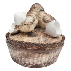Antique Austrian 19th Century Majolica Chicks with Eggs Basket