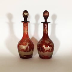 Austrian 19th Century Mouth Blown Red Crystal Bottles with Hunting Scene