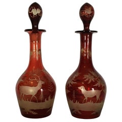 Antique Austrian 19th Century Mouth Blown Red Crystal Bottles with Hunting Scene