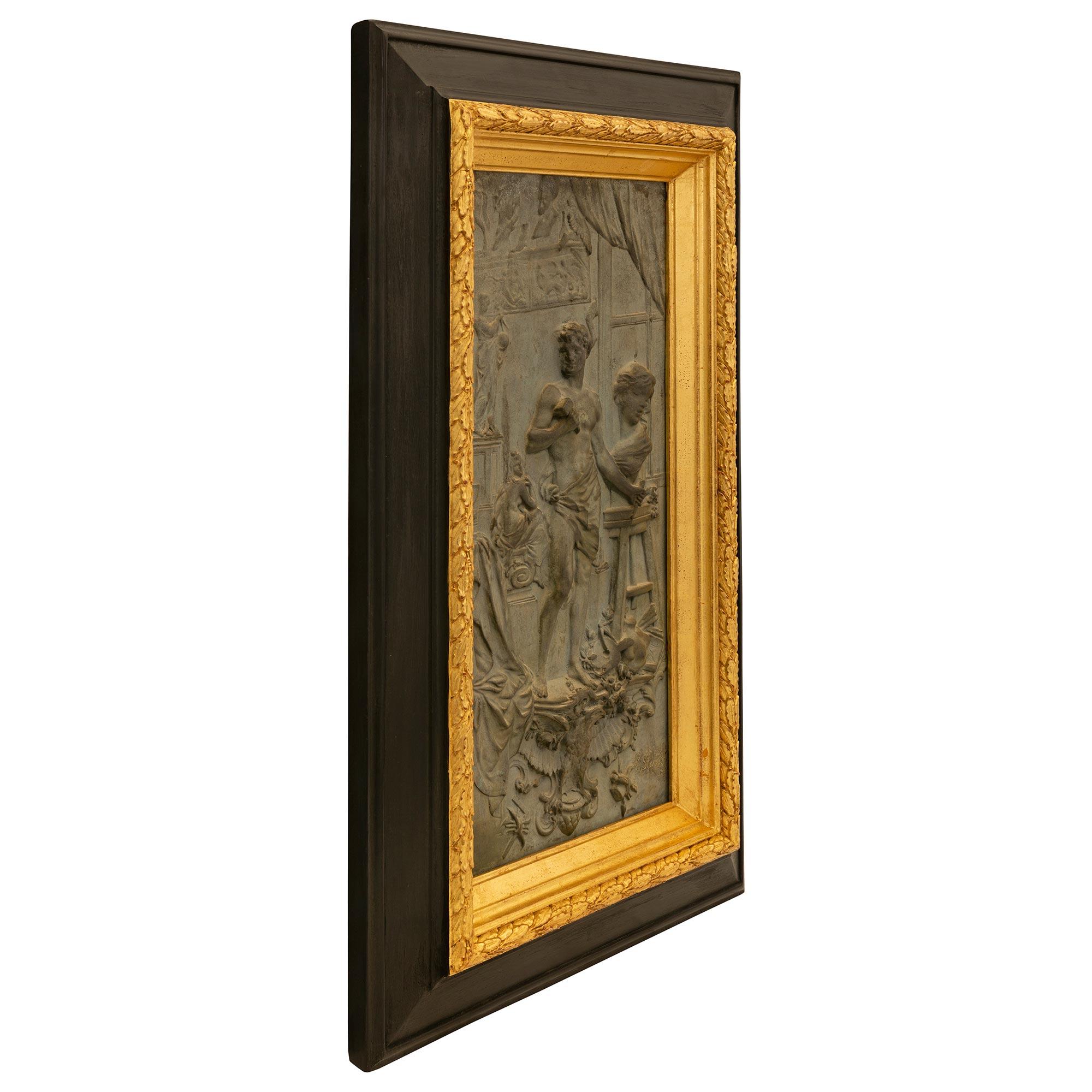 Austrian 19th Century Patinated Bronze, Giltwood and Ebony Wall Plaque In Good Condition For Sale In West Palm Beach, FL