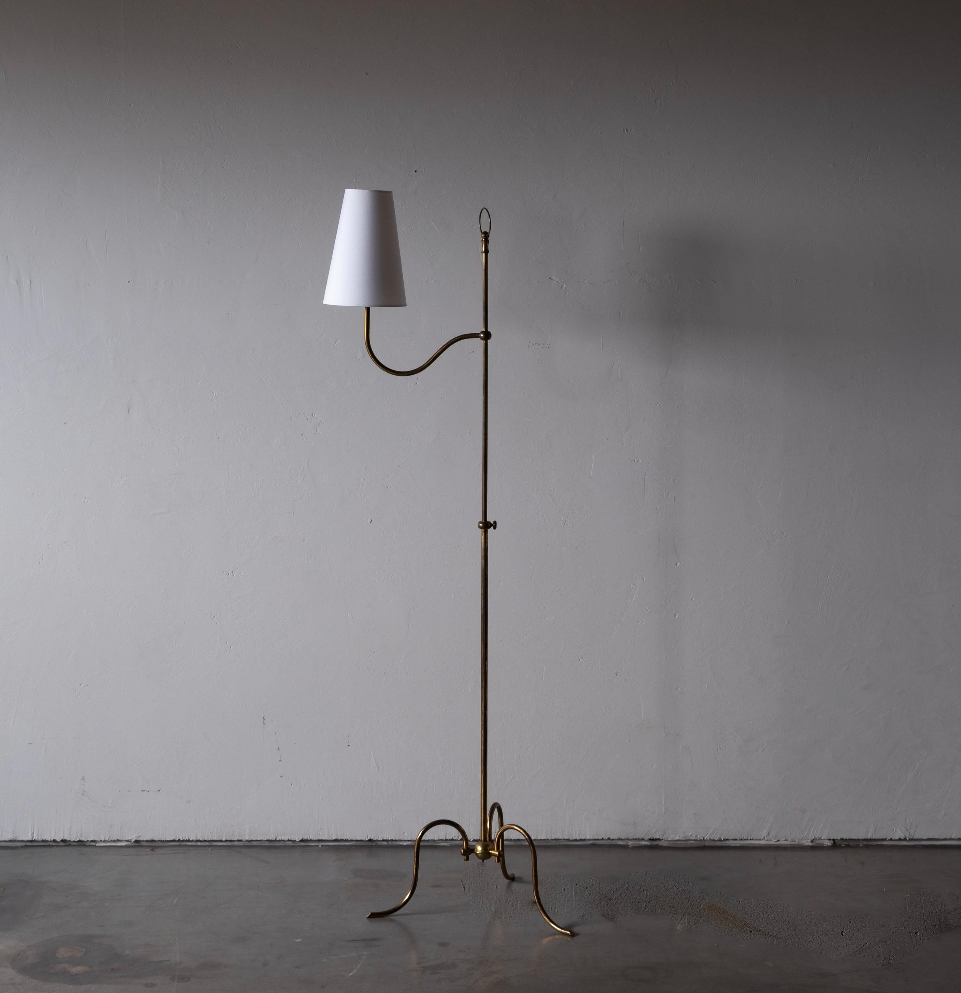 Mid-Century Modern Austrian, Adjustable Floor Lamp, Brass, Fabric, Austria, c. 1940s