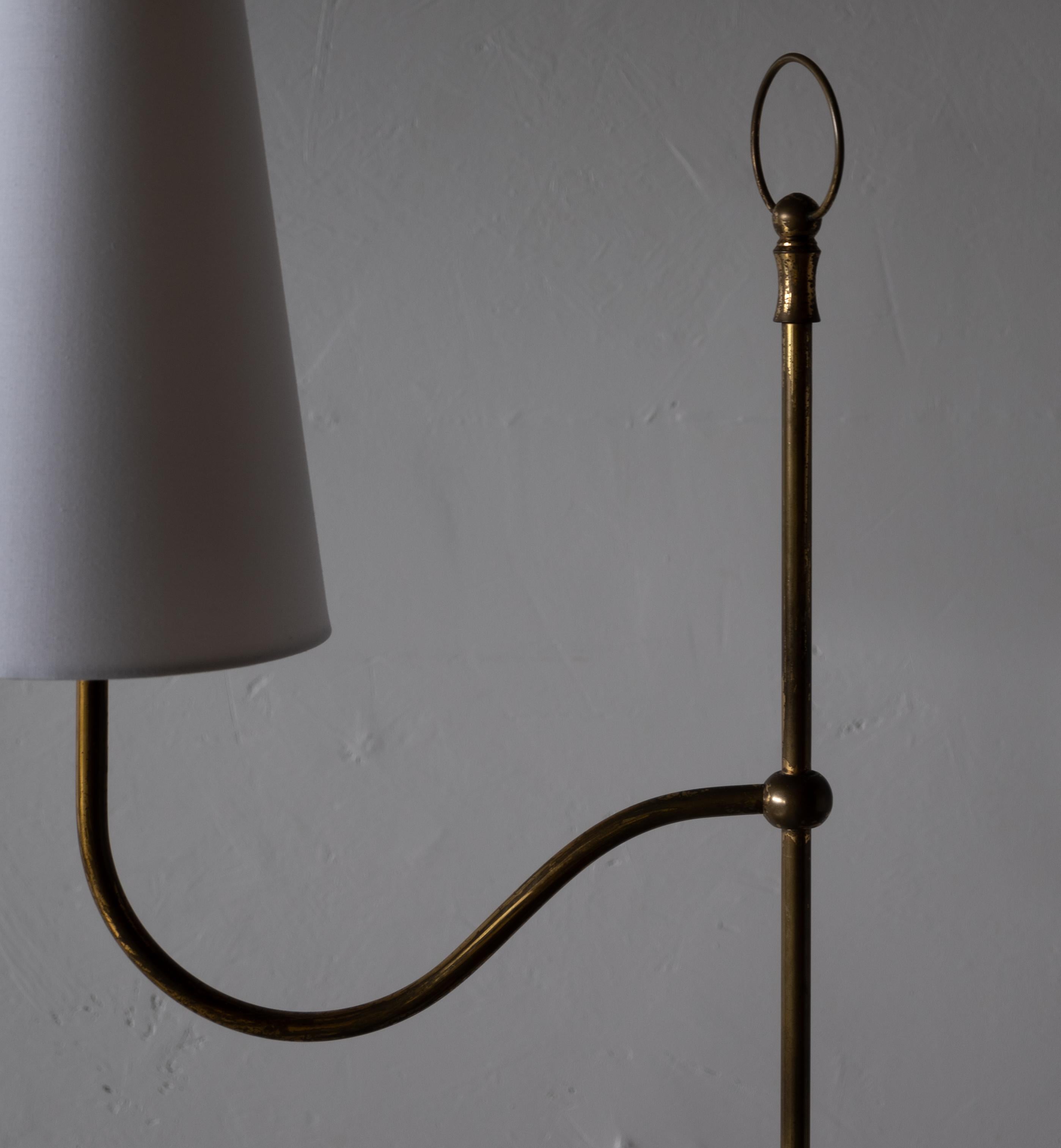 Mid-20th Century Austrian, Adjustable Floor Lamp, Brass, Fabric, Austria, c. 1940s