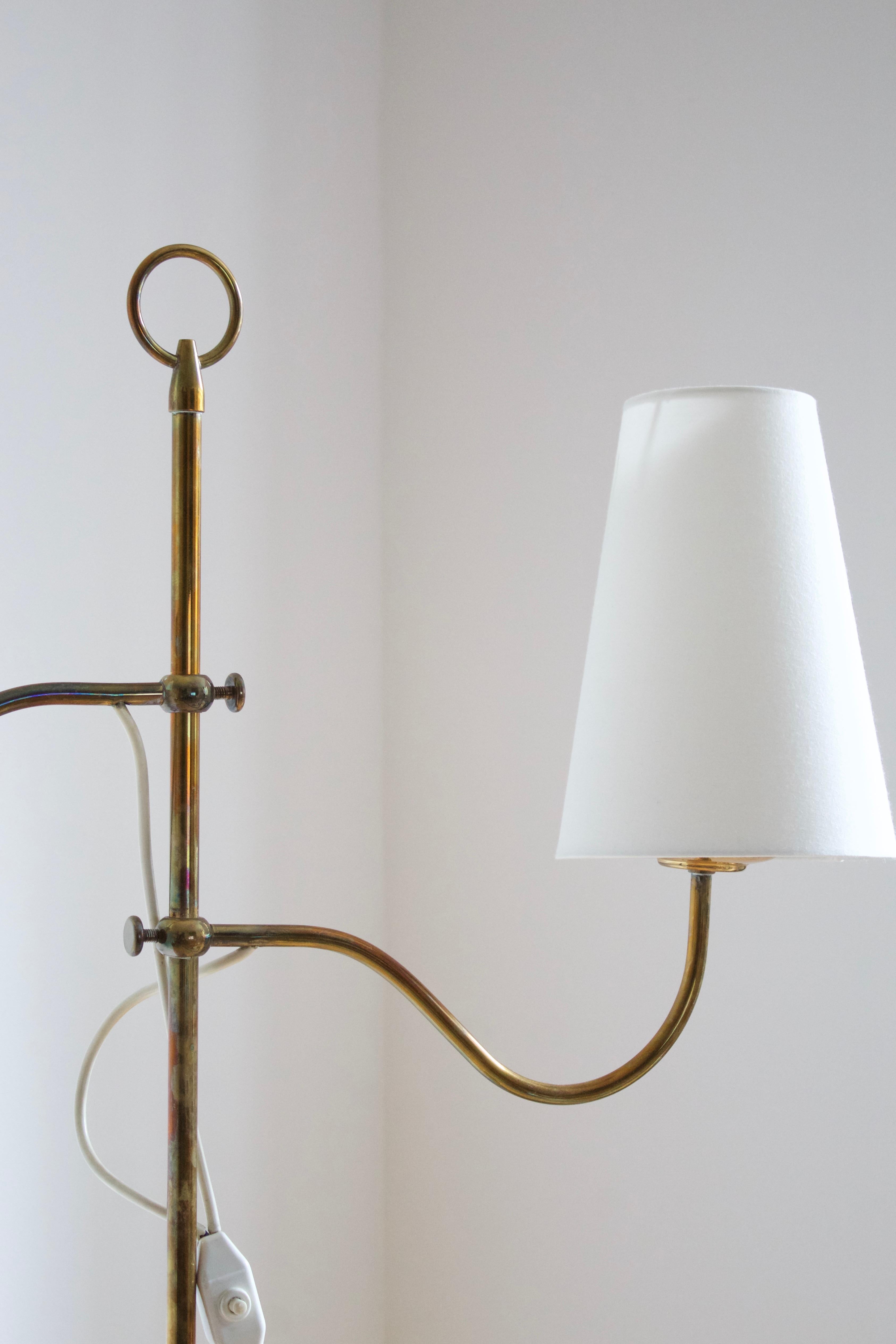 Mid-Century Modern Austrian, Adjustable Floor Lamp, Brass, Fabric, Austria, c. 1950s