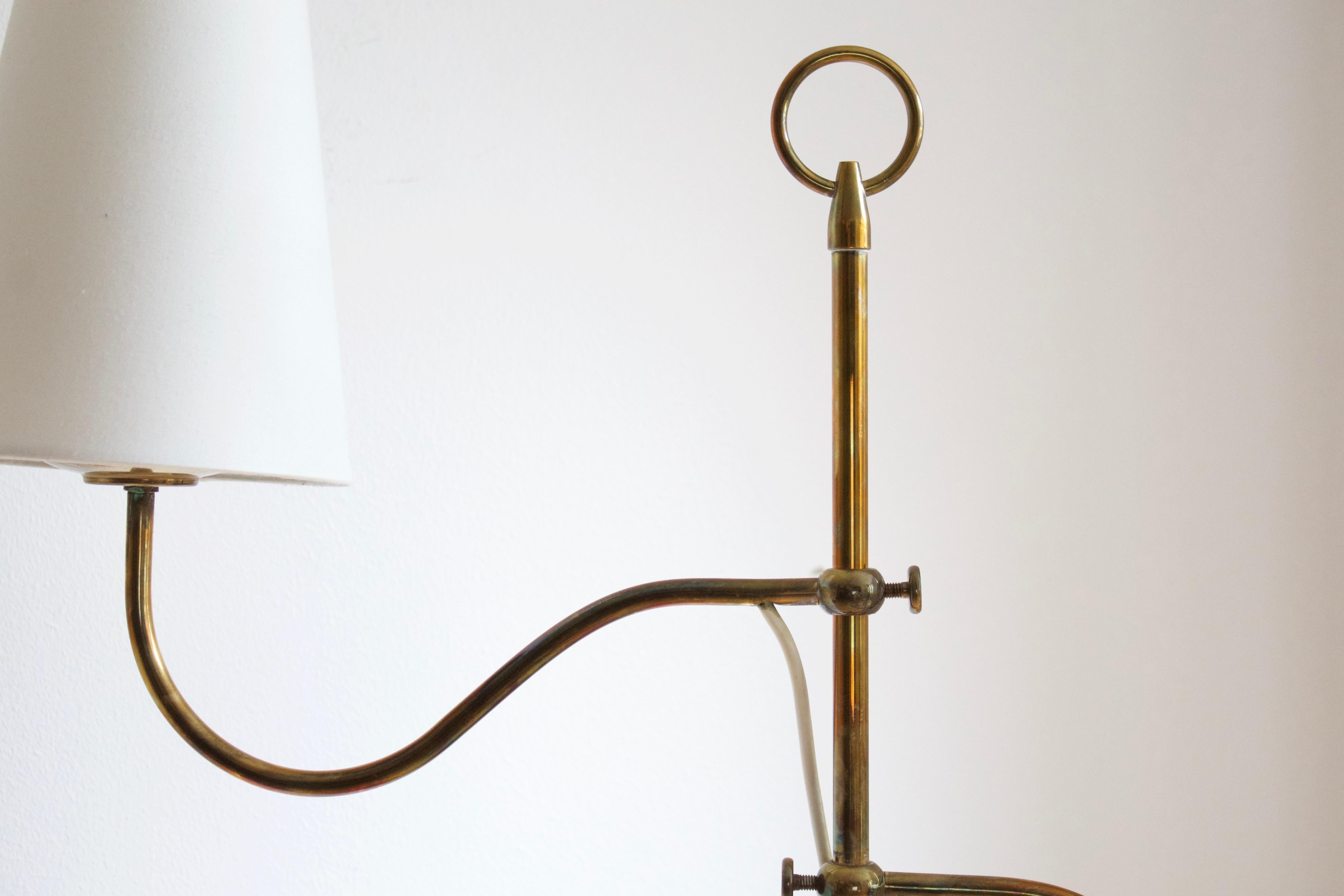 German Austrian, Adjustable Floor Lamp, Brass, Fabric, Austria, c. 1950s