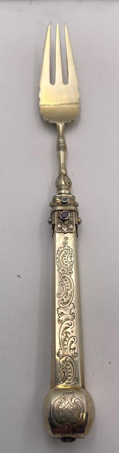 Austrian All Silver 20- Piece Fish Set Circa 1880 Gilt Inlaid with Stones